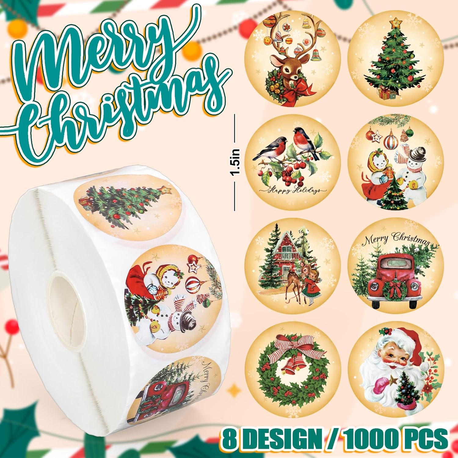 Whaline 1000Pcs Vintage Christmas Stickers Roll Retro Santa Snowman Tree Seal Stickers Xmas Watercolor Self-Adhesive Decals for Winter Party Envelope Journal Decor, 8 Designs
