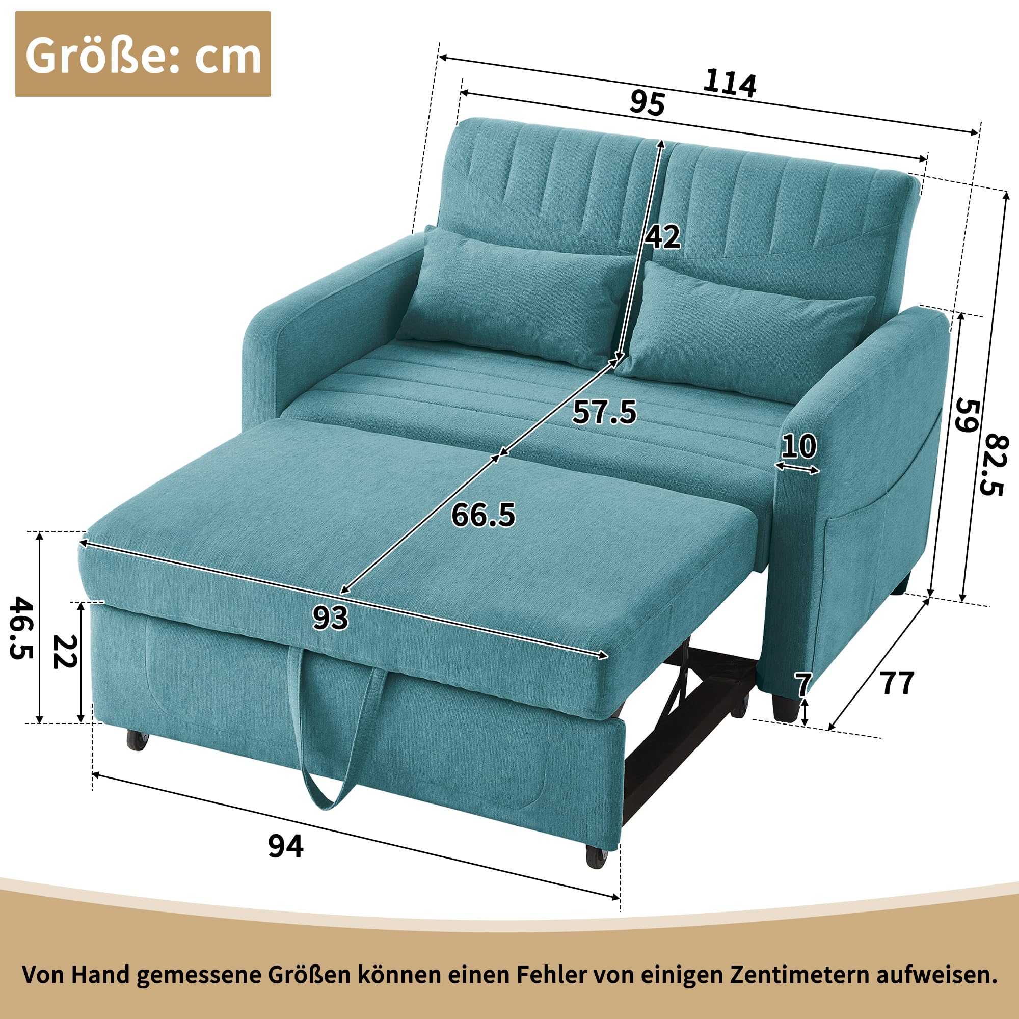 Divano letto con funzione letto Divano pieghevole a due posti, design estensibile, elegante e moderno, schienale regolabile a tre livelli, tessuto traspirante in cotone e lino (Antico Blu-verde)
