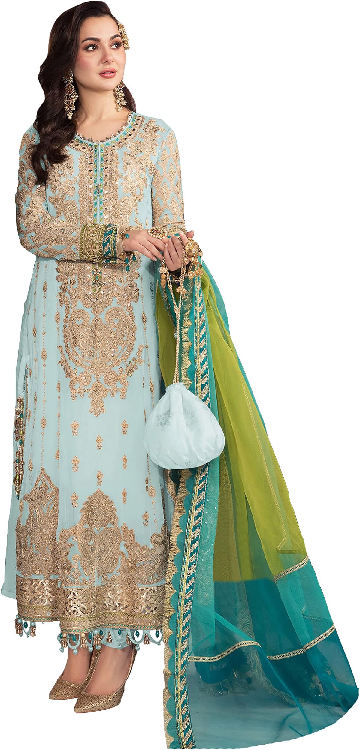 Women's Georgette Unstitched Pakistani Suit for Women – Designer Embroidered 3-Piece Dress with Dupatta & Trouser, diwali(SF171515 White Free Size)