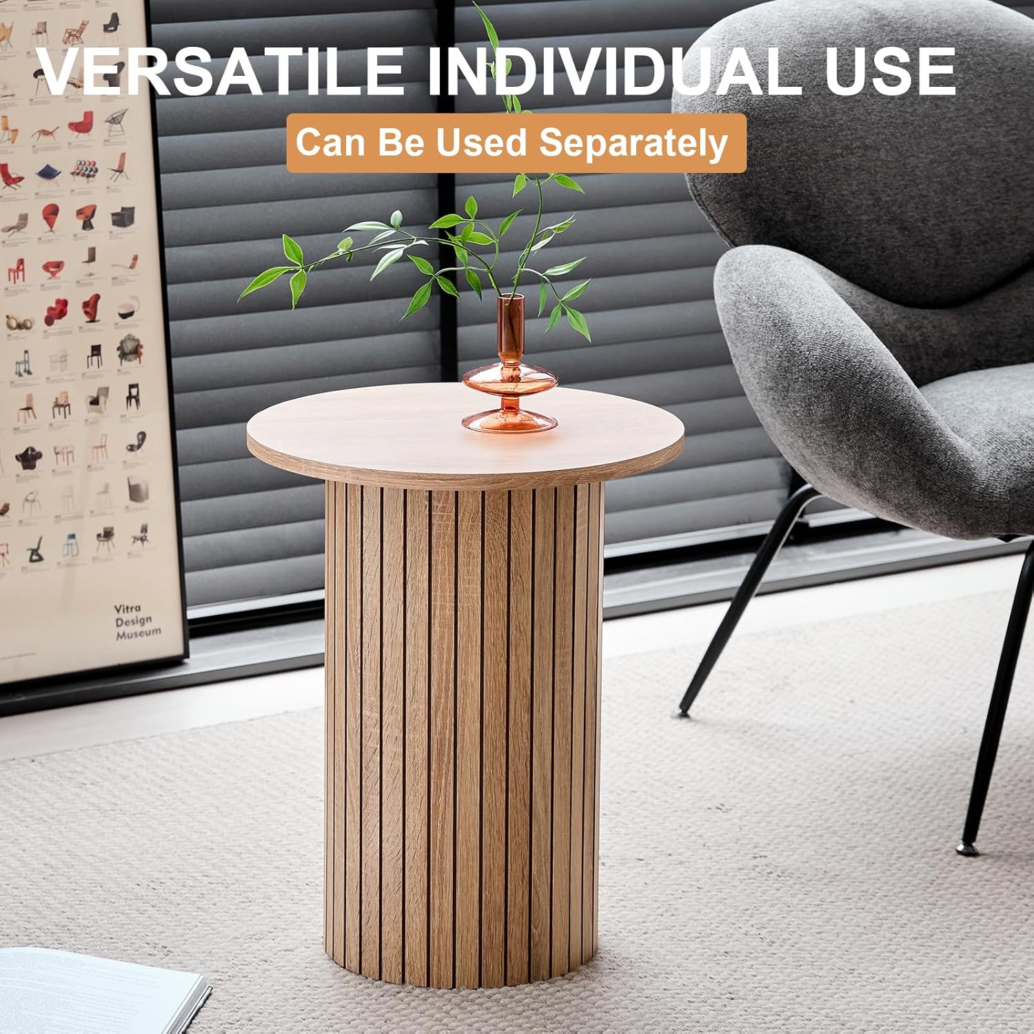 Round Nesting Coffee Tables Set of 2 -φ27.6 Large Short + φ15.8 Small Tall Boho Circle Side Tables with Fluted Drum Design, Natural