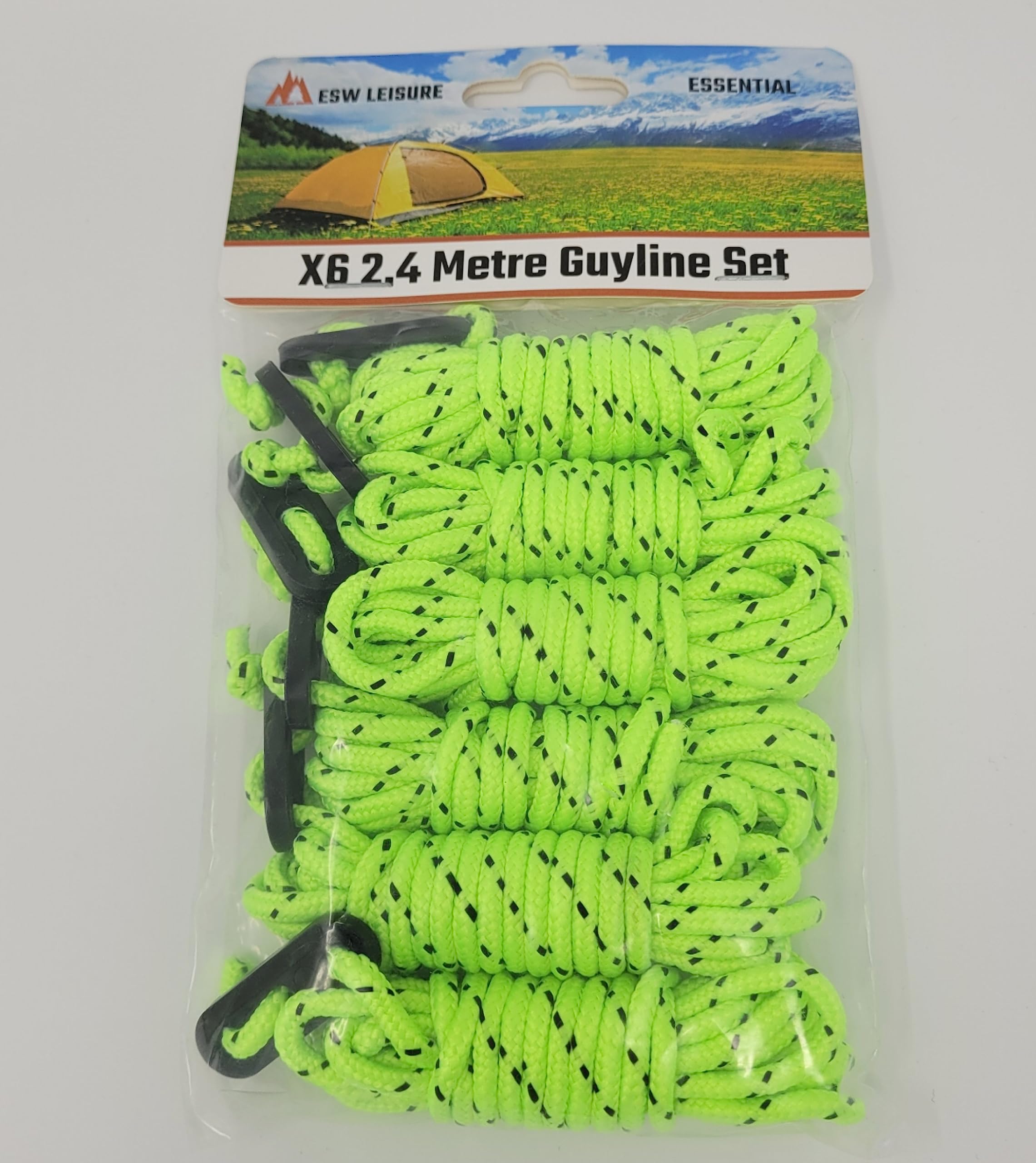 Esw Leisure Green & Black Guyline Ropes 6 Pack For Tents Awning Camping Strong Lightweight Paracord Guy Rope With Tensioner Guy Lines Fishing Umbrella Caravan Gazebo (Flourescent 2.4 Metre 6 Pack)