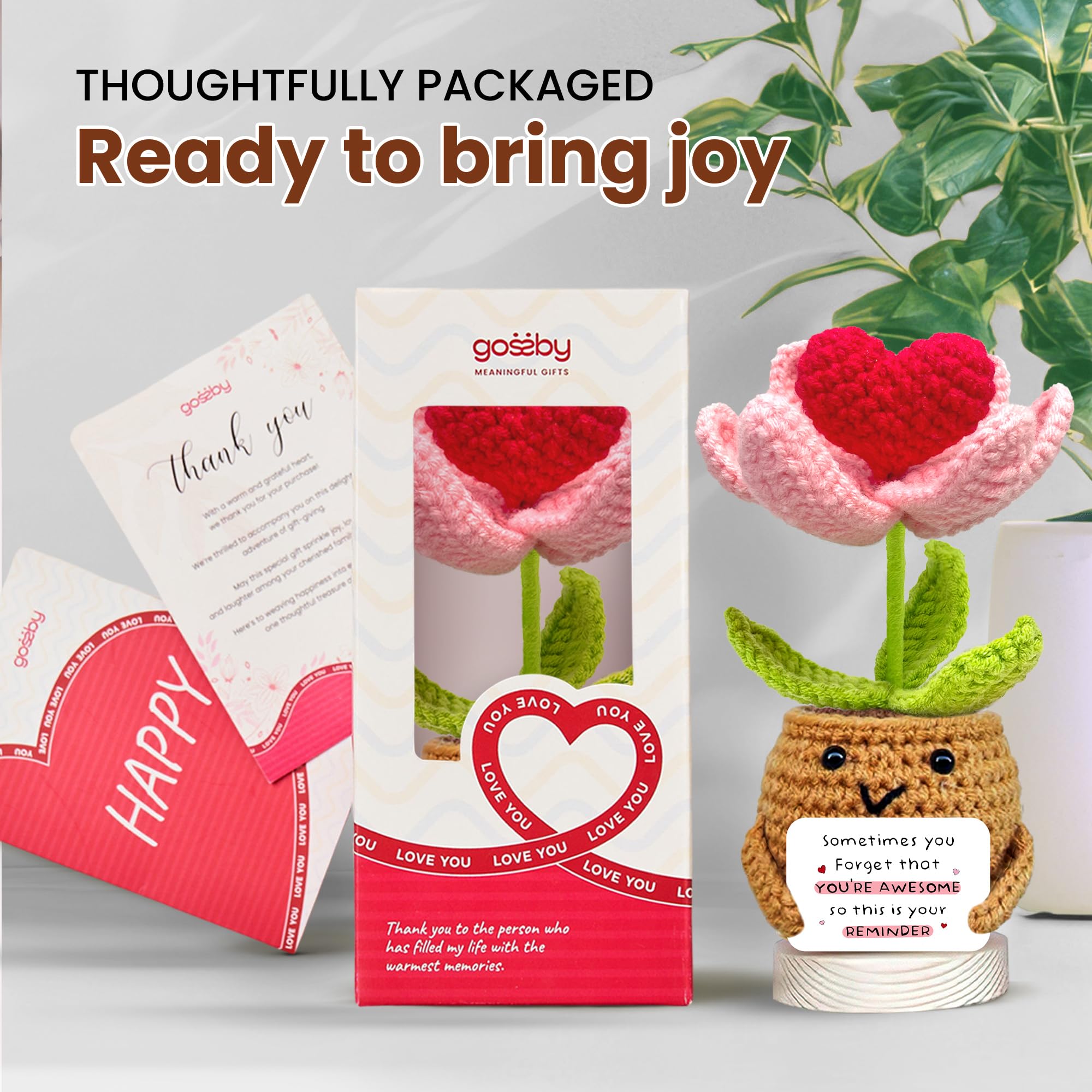 Gossby Handmade Positive Heart Flower Crochet with 'Sometimes You Forget You're Awesome Reminder' Card - Encouragement Gifts for Friend - Cute Inspirational Birthday Gift for BFF Sister Coworker Women