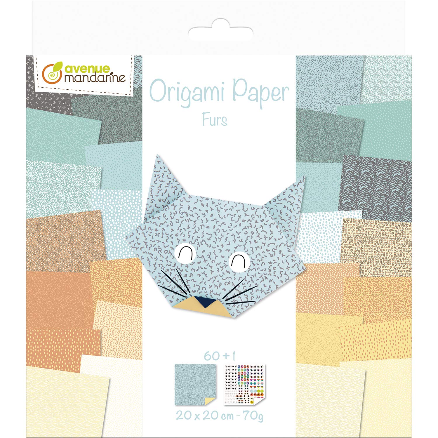 Clairefontaine ES Avenue Mandarine OR513C – Un paquete de 60 hojas origami de 20 x 20 cm, 70 g (30 diseños x 2 hojas) y una tabla de pegatinas incluida, Furos