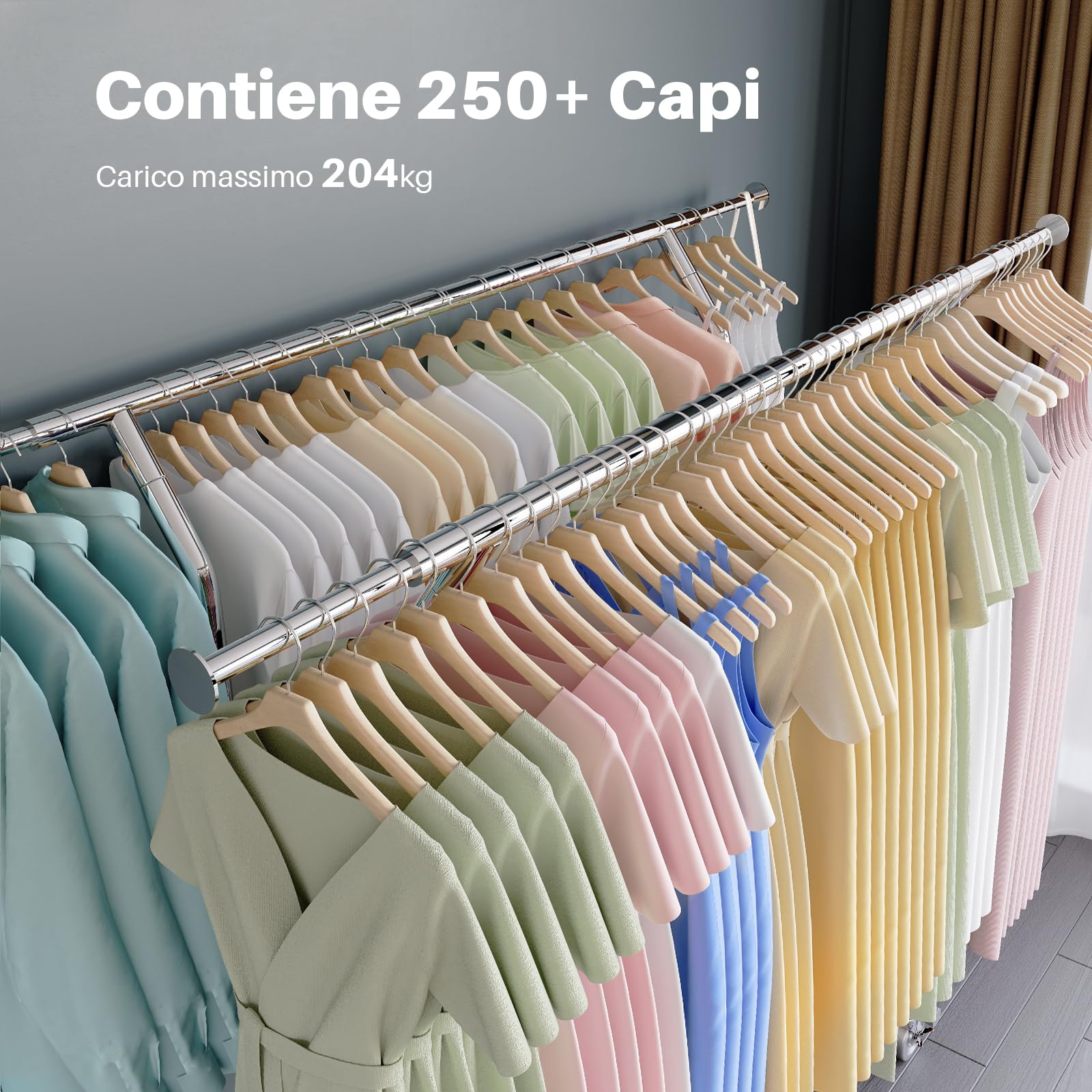 HOKEEPER Appendiabiti doppio resistente, regolabile, pieghevole, con ruote, capacità di carico di 180 kg, per abbigliamento commerciale, finitura cromata