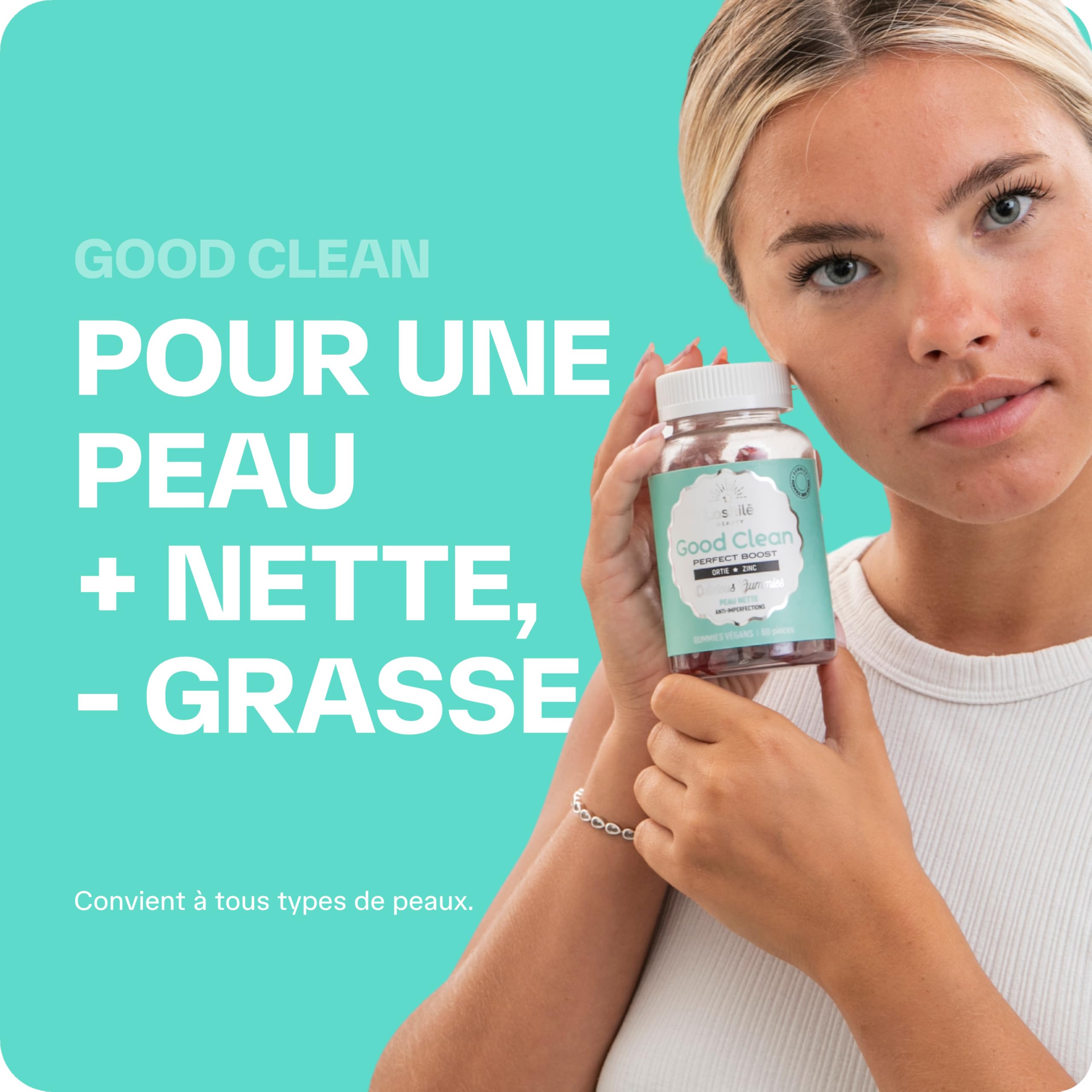 Lashilé Beauty - Gummies Peau - Peau Nette & Anti-Imperfections - Régule le Sébum & Purifie - Good Clean Vitamines - Complément Alimentaire Anti-Acné -Bardane Ortie Zinc - Cure 1 Mois 60 Gummies