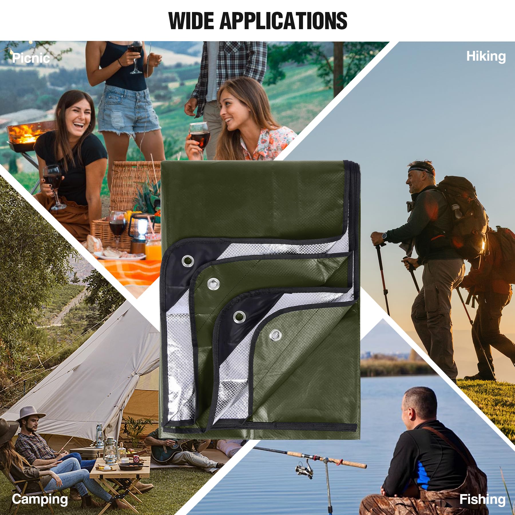 RedSwing Paquete de 6 lonas térmicas de emergencia resistentes al agua, manta de supervivencia aislada para acampar al aire libre, senderismo y refugio de emergencia, color verde