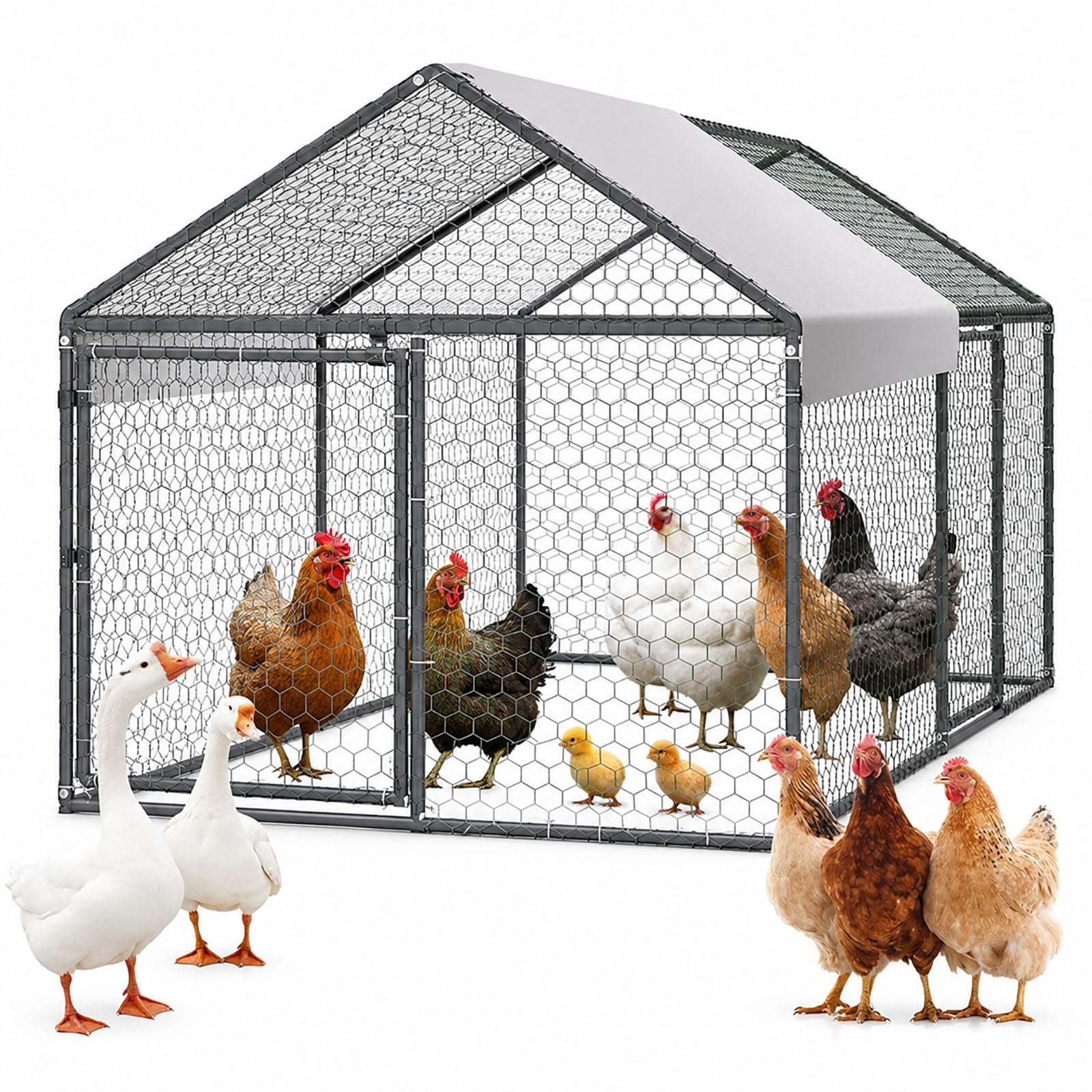 Gallinero de metal de 100x200x100 cm con cubierta impermeable PE