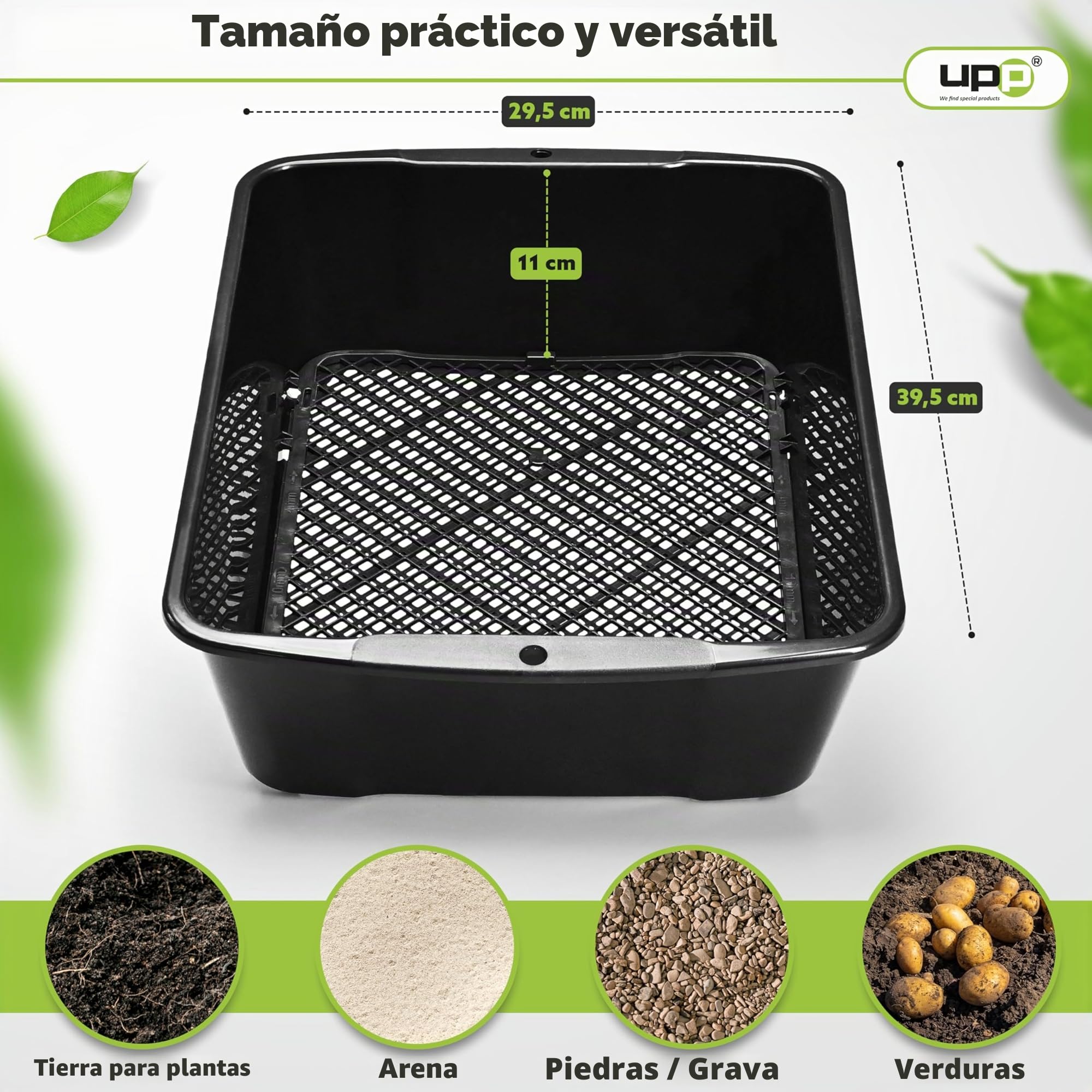 UPP tamiz de Tierra para jardín I cedazo, Doble Malla tamizadora deslizable, Separa Piedras, malezas, terrones, etc. I tamiz 2 en 1 para Huerta, Patio, jardín (39,5 x 29 x 11 cm)