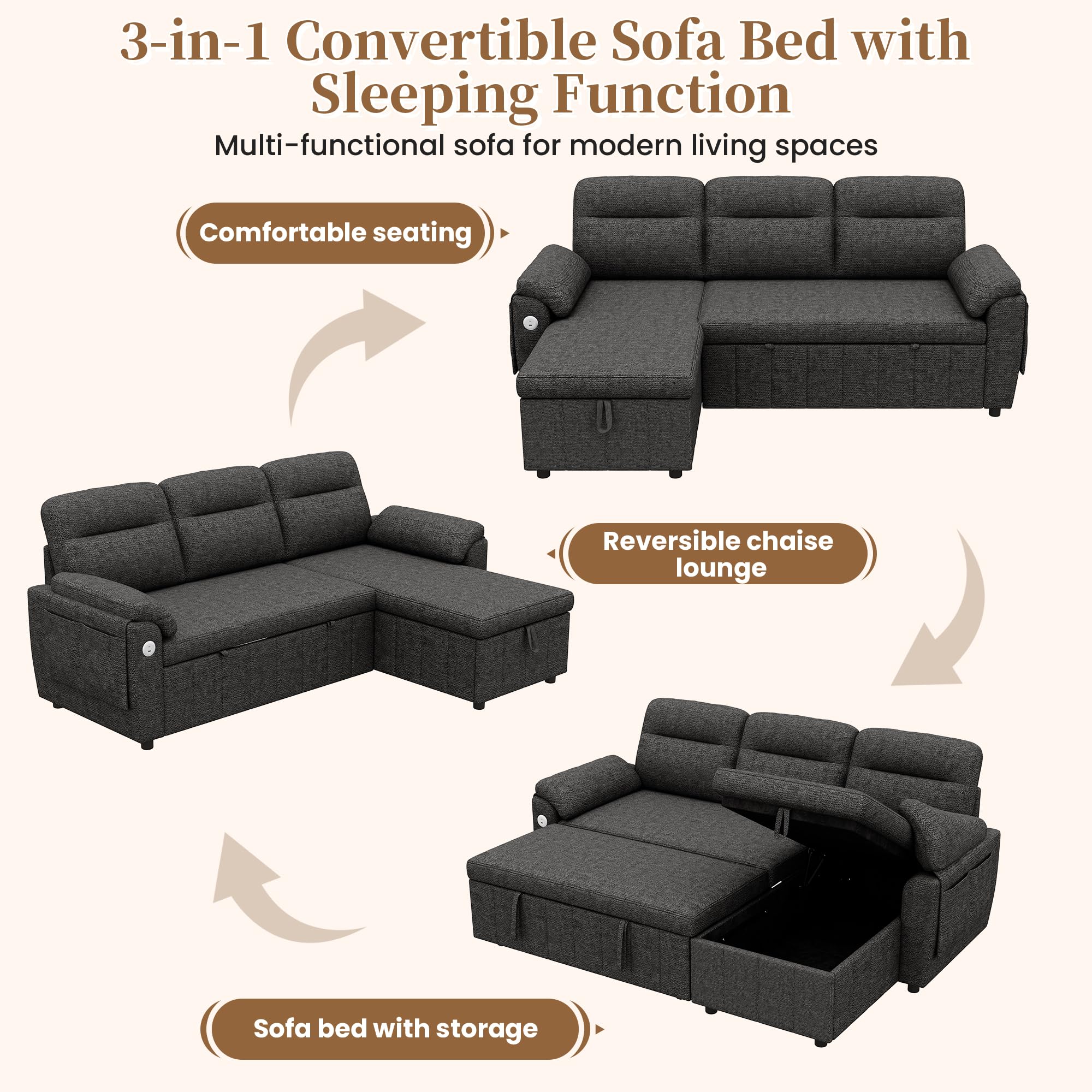 Sofá modular de 3 plazas con función cama extensible y USB/Type-C, sofá esquinero en forma de L con reposacabezas semifijos y compartimento de almacenamiento, sofás con chaise longue