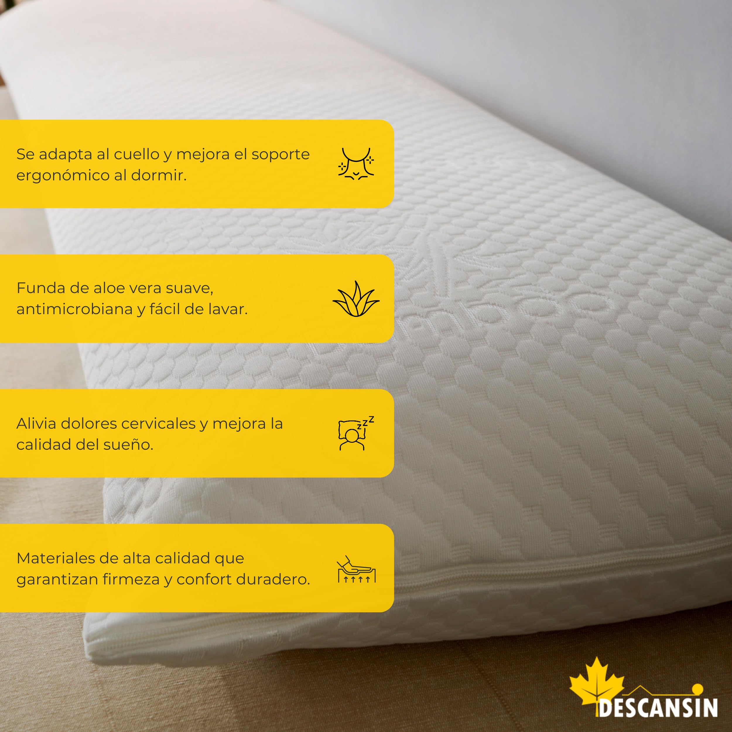 DESCANSIN - Almohada Viscoelastica Aloe Vera | Calidad y Firmeza para Problemas Cervicales | Almohada Viscoelastica Buena y Duradera | Doble Funda De Aloe Vera Fácilmente Extraíble y Lavable (120cm)