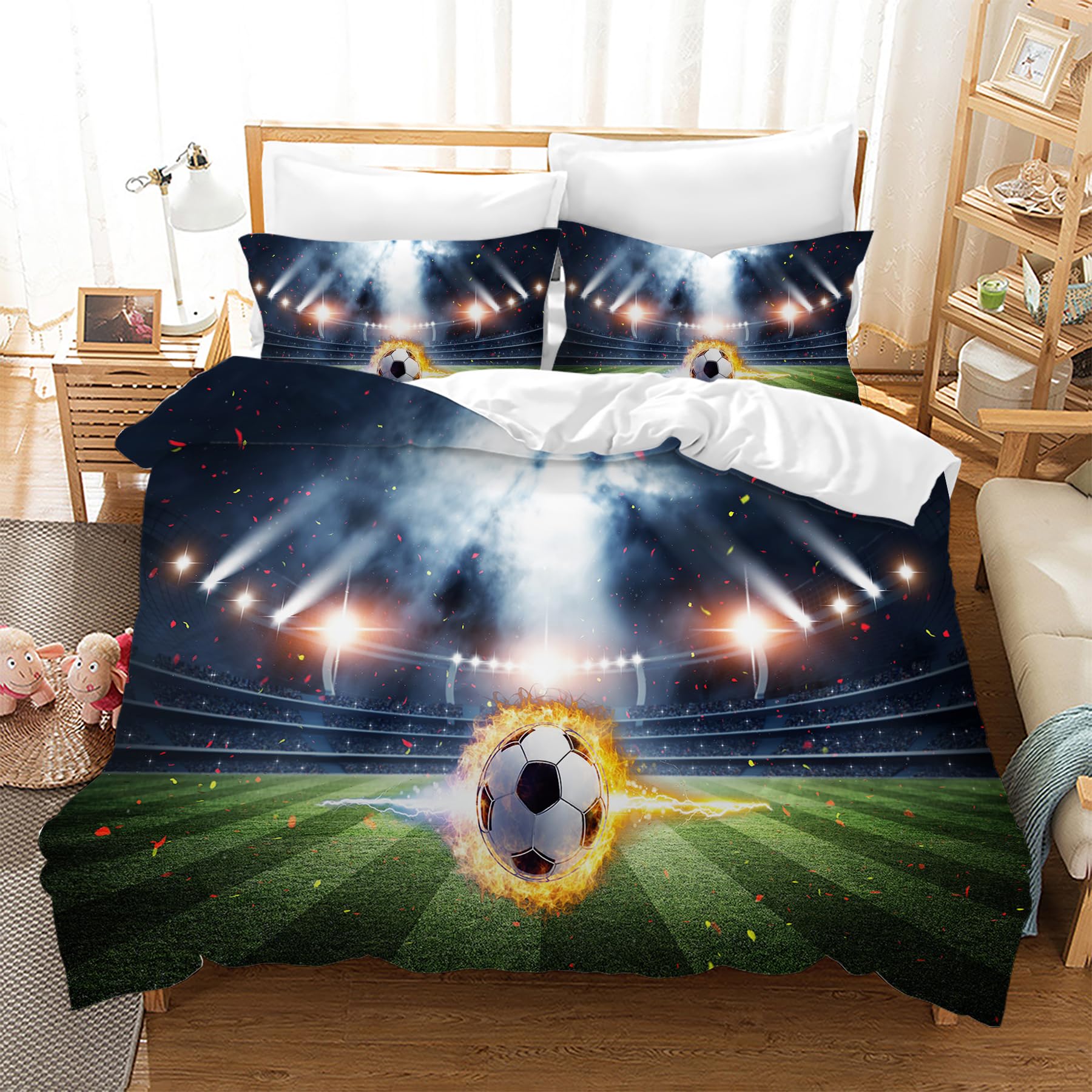 Parure de lit Football pour Enfant - Impression 3D - Housse de Couette Football 3 pièces - avec Fermeture éclair - Douce - 220 x 240 cm