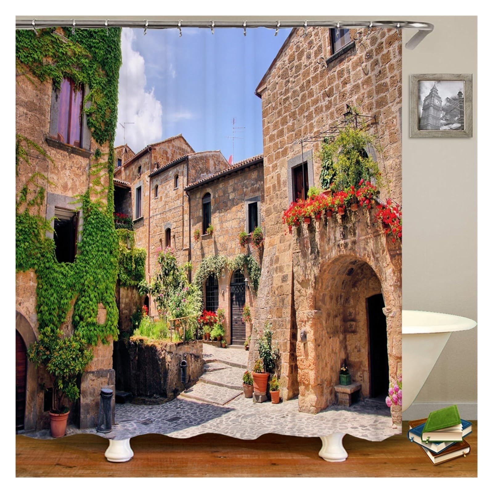 Cortina De Ducha Cortinas de Ducha Impermeables con Paisaje de Flores, Cortinas de baño de Flores de Calle Rural, Tela de poliéster, decoración Lavable, Cortinas de baño(Sy1384,W300xH180cm)