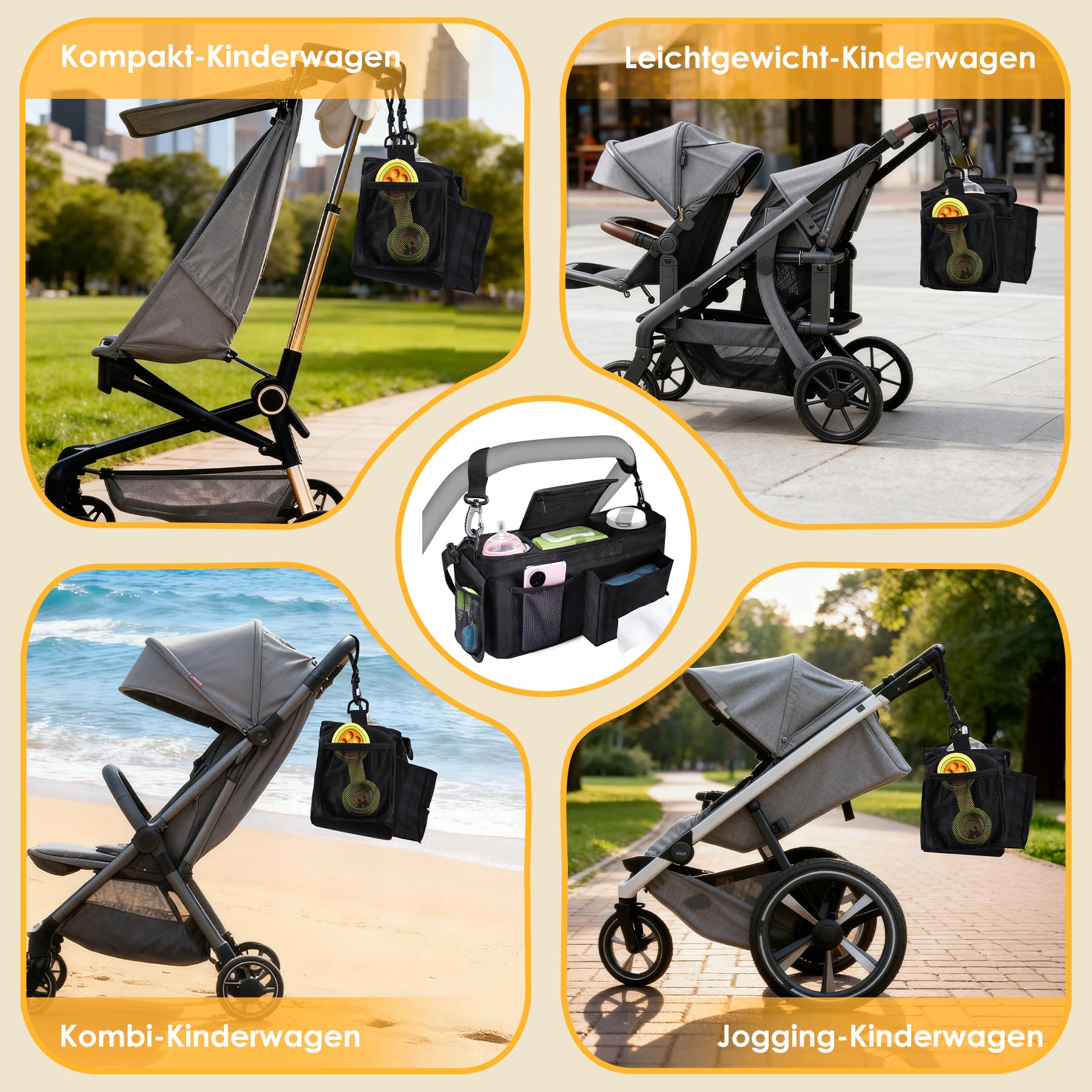 Universal Kinderwagen Organizer mit isolierten Getränkehalter/Becherhalter, Verstellbare Baby Buggy Kinderwagentasche für Windeln & Handys, Baby Kinderwagen Schultergurt & Zubehör (Schwarz)