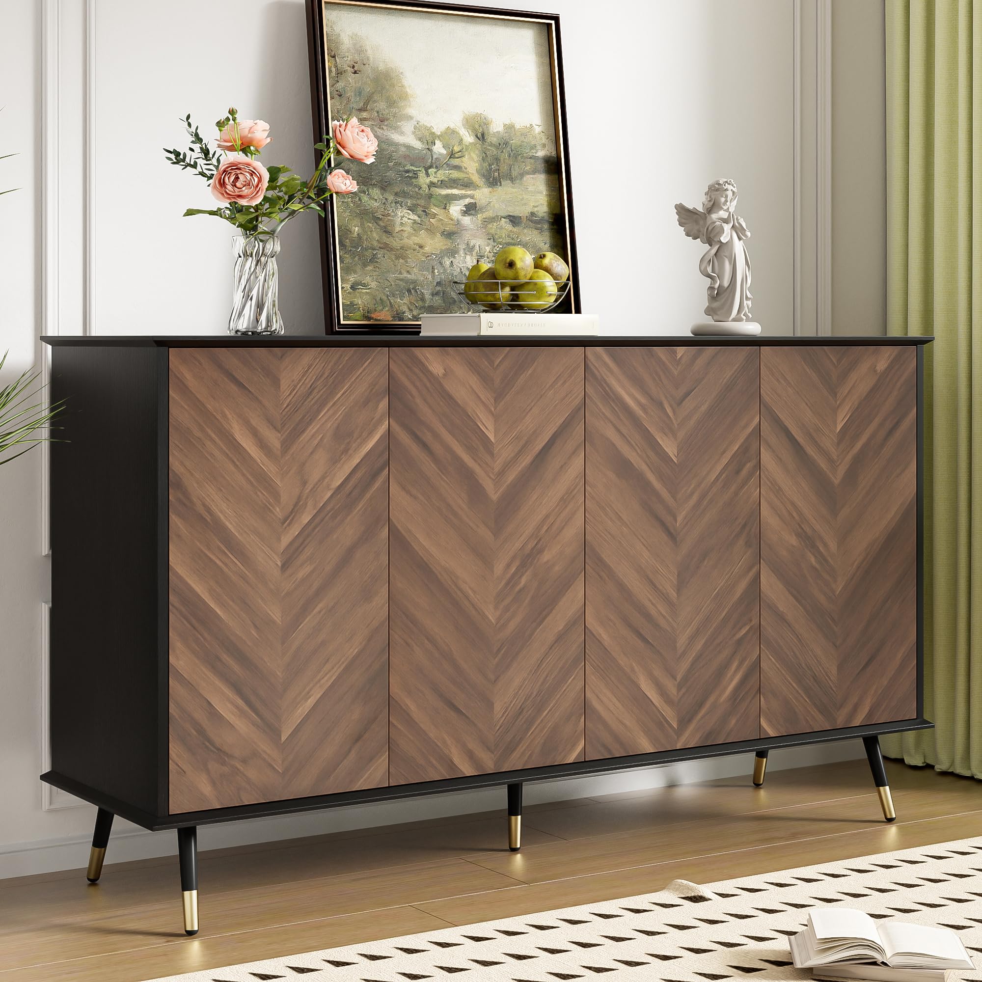 Credenza moderna con motivo a spina di pesce, armadio a buffet con 4 ante e ripiani regolabili in altezza, legno MDF e piedini in metallo, spazio per soggiorno, corridoio e sala da pranzo