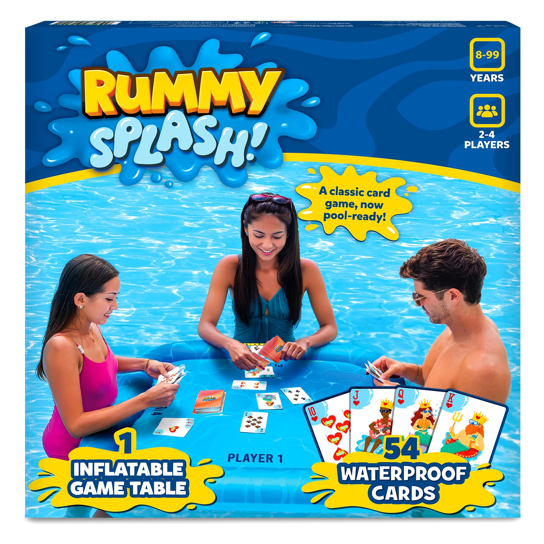 Gouda Games Inflatable Pool Toy, Floating Game Table (28" x 28") – Rummy Splash Swimming Pool Game for Kids & Adults, Waterproof Cards, Family Pool Party Fun, Ages 8, 9, 10, 11 and Up, 2-4 Players