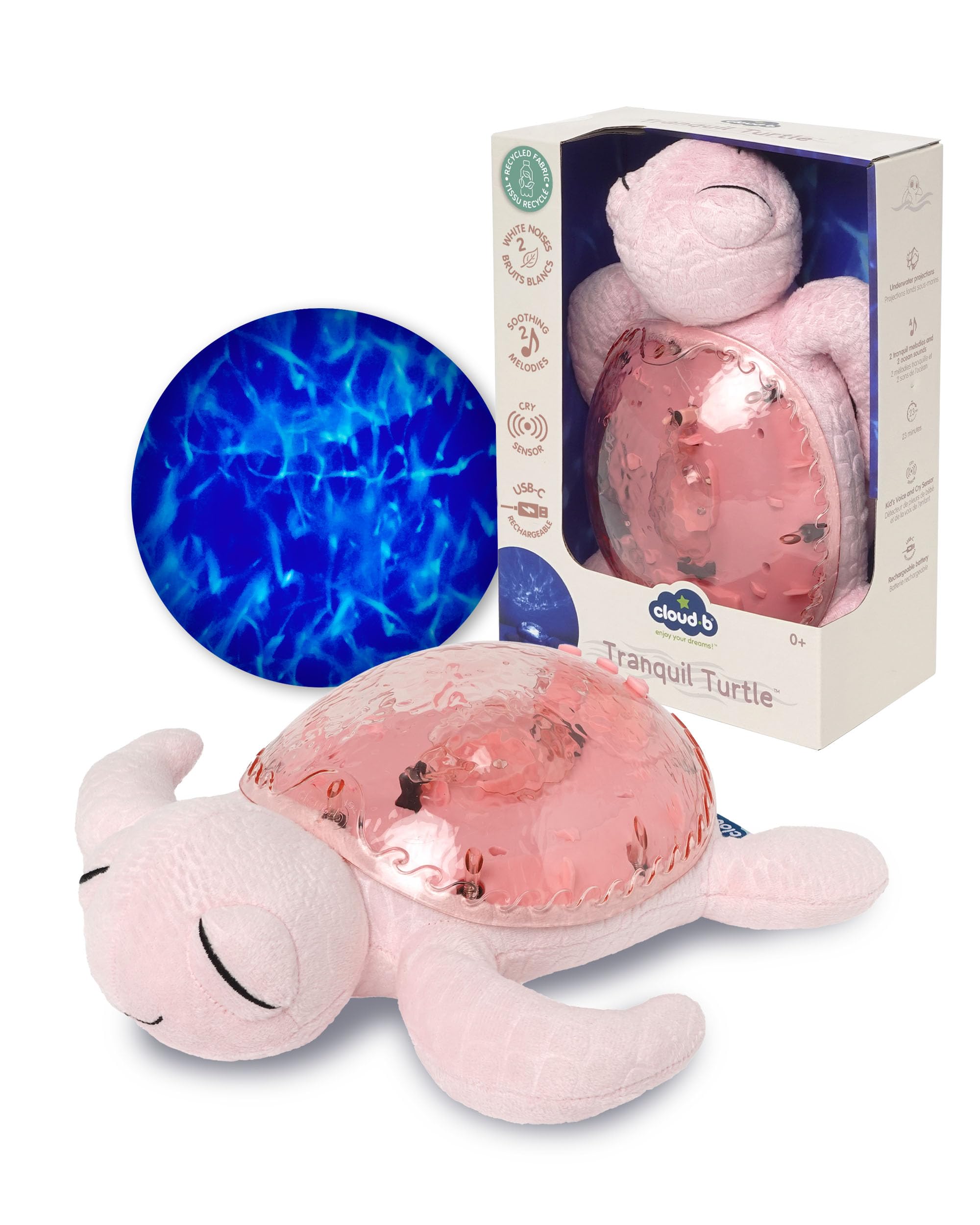 Cloud B Luce notturna musicale a forma di tartaruga rosa | 1 proiettore oceanico + 2 rumori bianchi + 2 suoni rassicuranti | Sensore di pianto | Tranquil Turtle Rosa ricaricabile