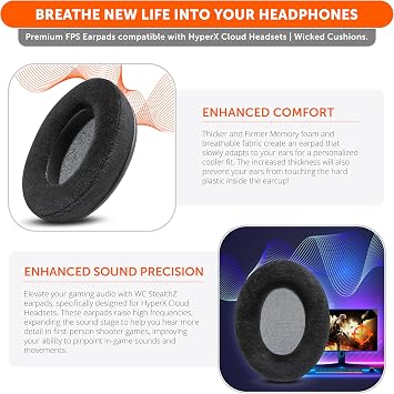 WC StealthZ Cloud - FPS Oriented Earpads for HyperX Cloud Alpha, Cloud 2, Cloud Stinger & More by GadgetryTech & Wicked Cushions | Enhanced Sound Precision & Breathable Comfort | Black