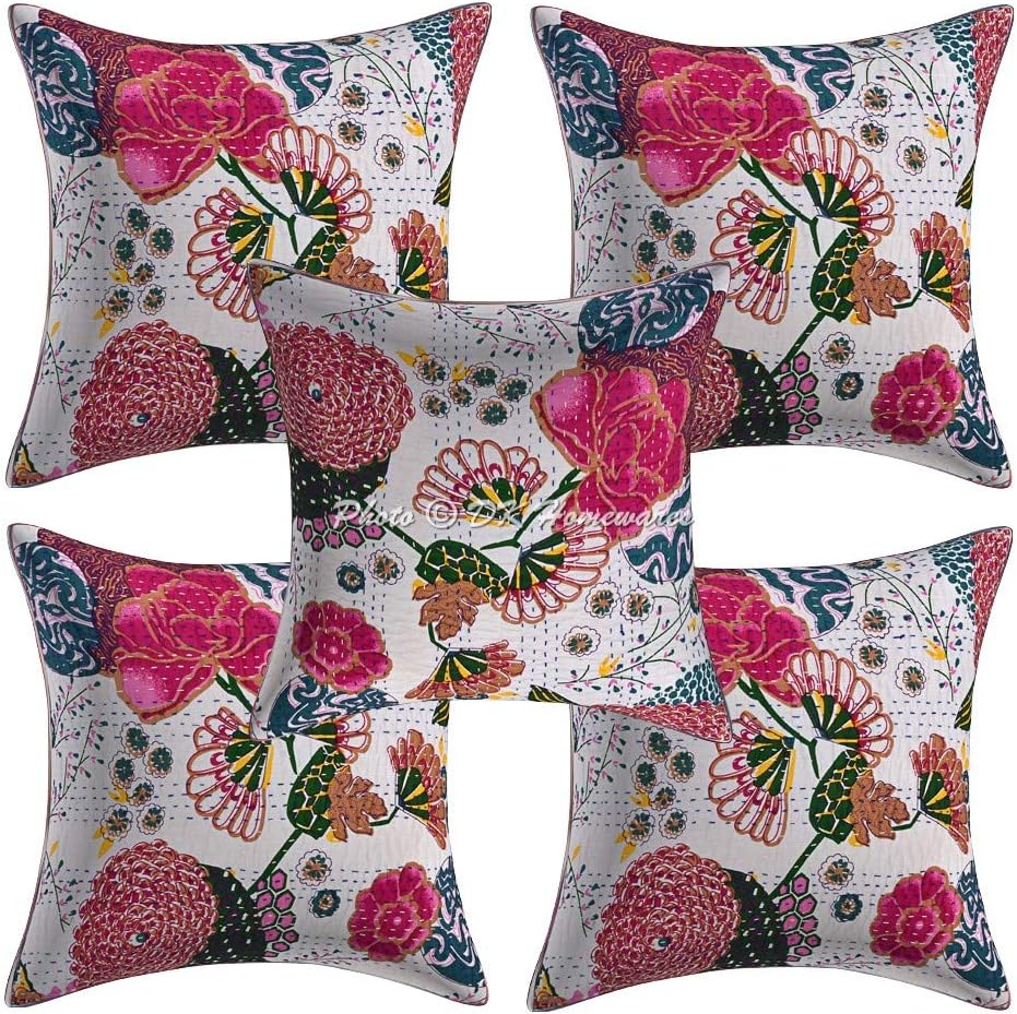 Bohemian Decorative Accent Throw Pillowcases 16 Inch Cotton Kantha Tropicana Indian Square Sofa Cushion Covers (Size - 40x40 cm ; Color: White) - Set of 5 Pcs (Cover Only)