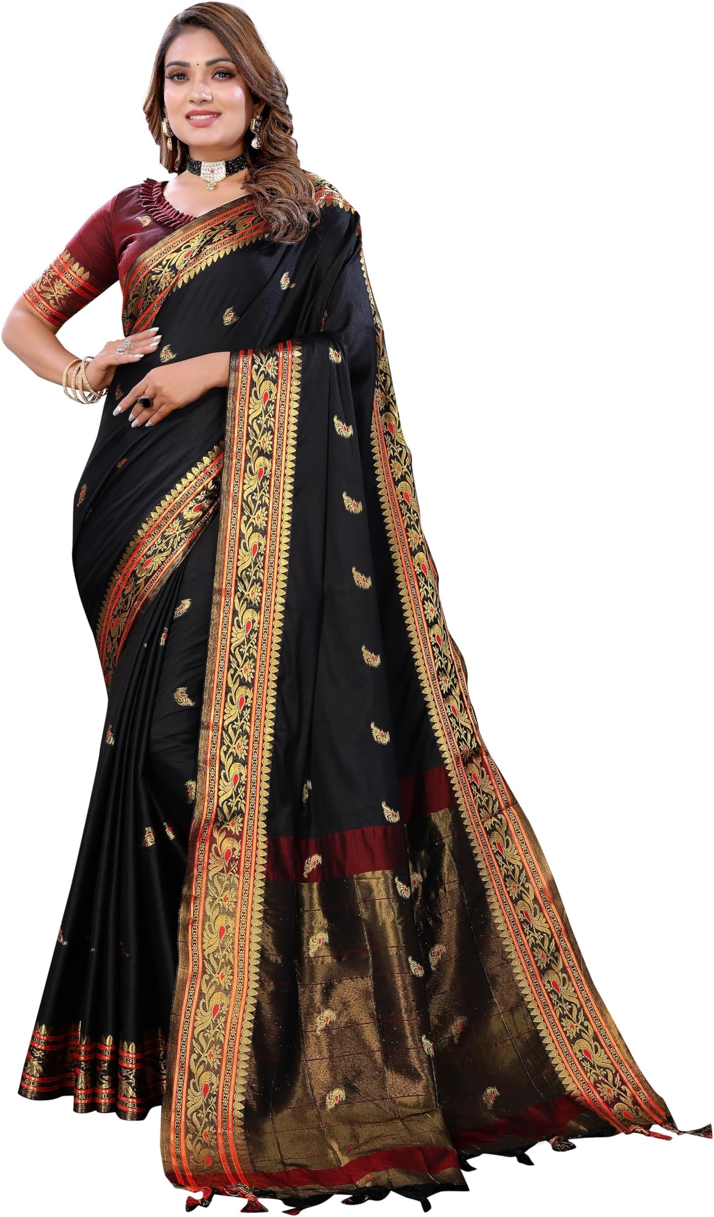 KNETLI Art Silk Saree for Women's With Unstitched Blouse (Black)