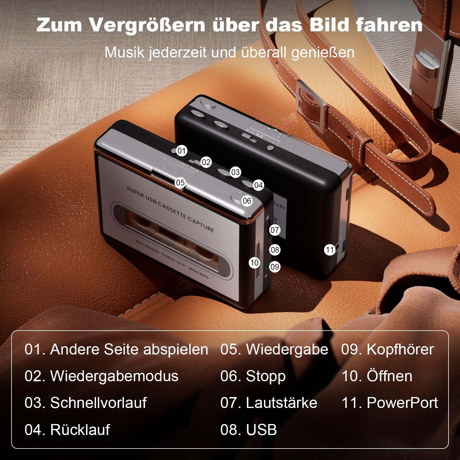 Reshow Registratore a cassette portatile MP3 USB argento
