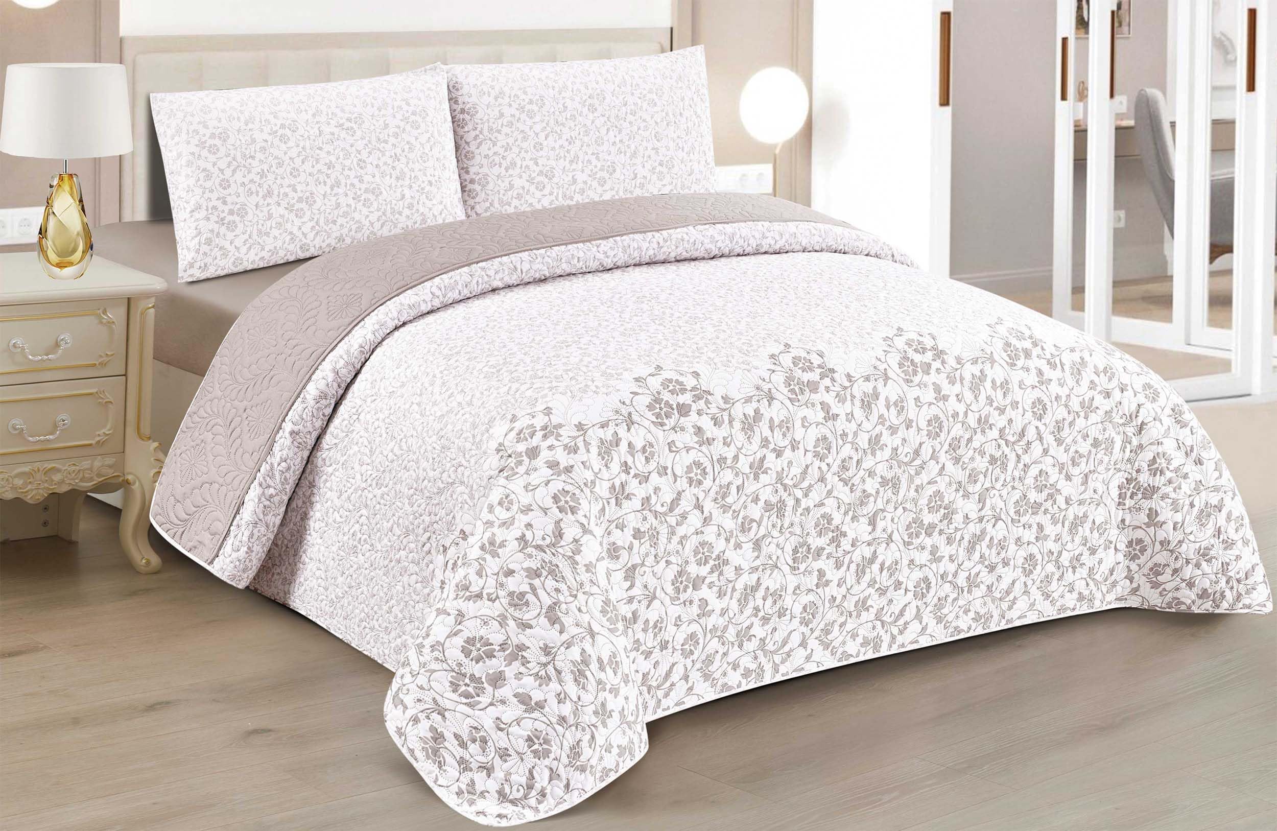 Colcha Boutis para Primavera y Verano Bicolor Reversible Estampado Floral Remolino + 1 Funda Cojin 50x70 cm - Colcha Ligera Fina Entretiempo (Cama 90, 180x260cm)