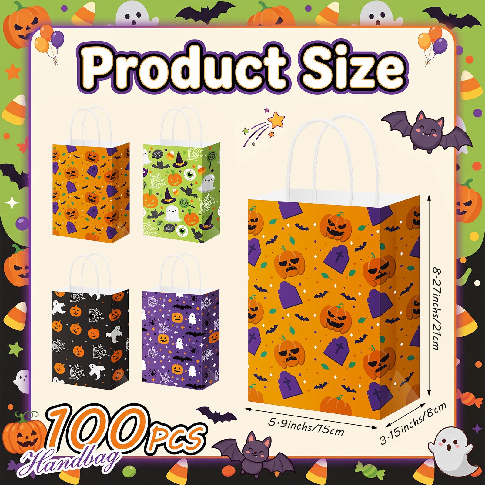 Yexiya Paquete de 100 bolsas de regalo de papel de Halloween con asas, sacos de golosinas de truco o trato, calabaza, fantasma, murciélago, telaraña, recuerdos de fiesta para dulces de Halloween