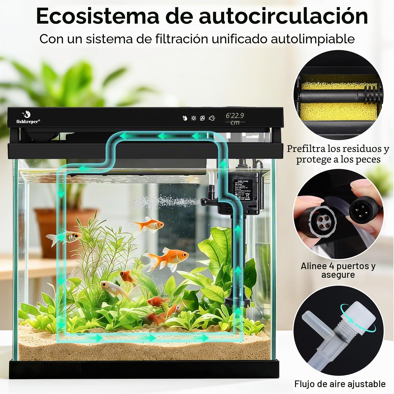 fishkeeper Acuario inteligente de 2.3 G, kit de pecera de vidrio HD con alimentador automático, bomba de filtro silencioso autolimpiable, aromaterapia, visualización de temperatura y luces RGB de 7