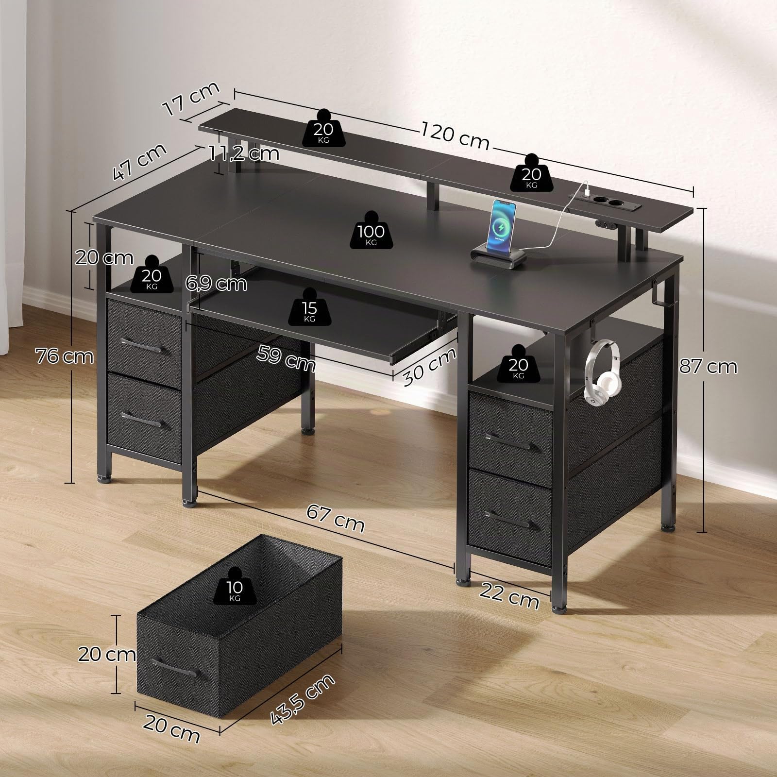 Seventable Scrivania con Cassetti LED, Postazione Gaming con 2 Prese di Corrente e 2 Porte di Ricarica USB, Scrivania Gaming con Supporto per Monitor & Vassoio per Tastiera per Ufficio(Nero 120cm)