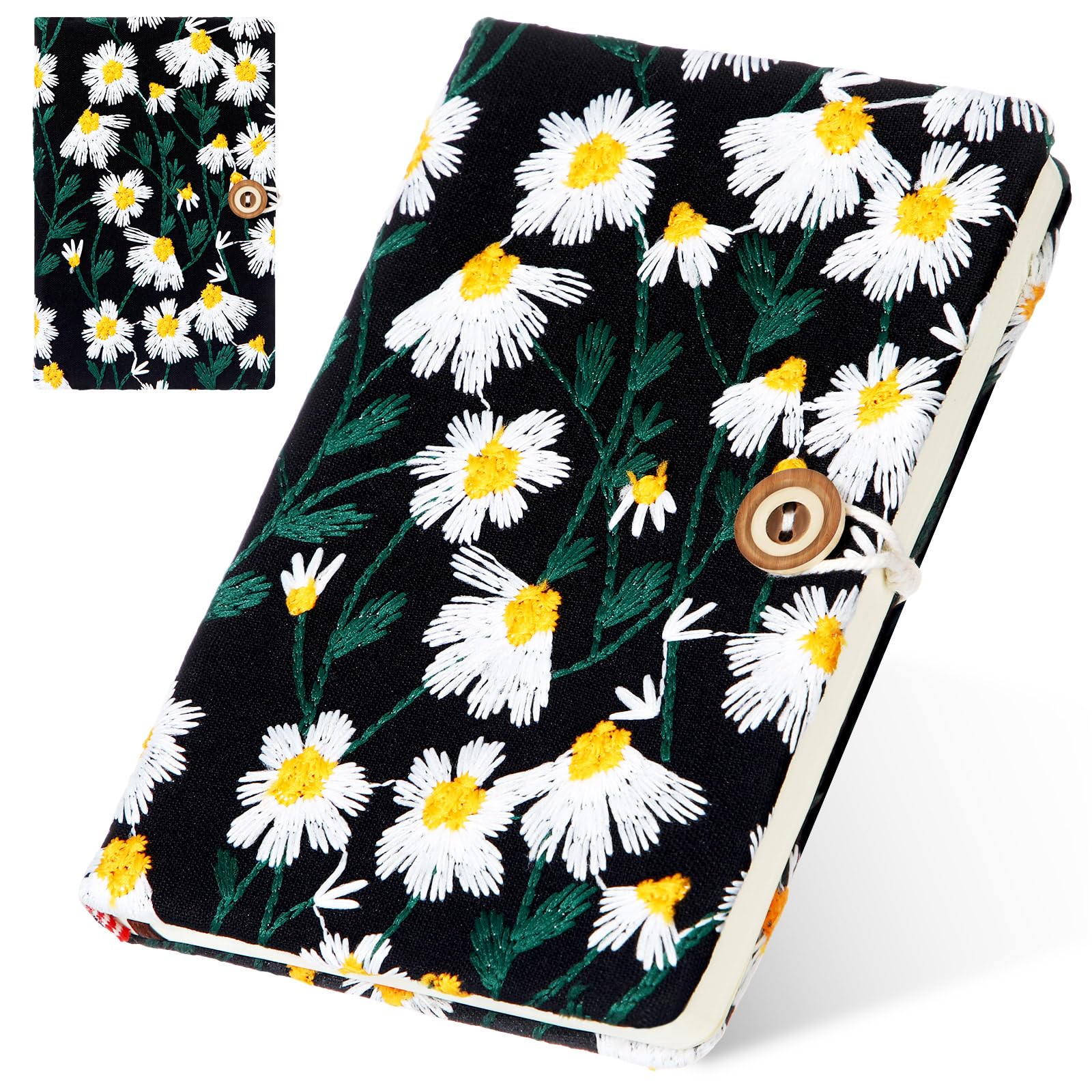 Dunzoom Daisy Journal Daisy Gifts for Women Embroidered Flower Journal Hardcover A6 Pocket Lined Spiral Notebook Blank for Women Gifts Office and School Supplies(Black)