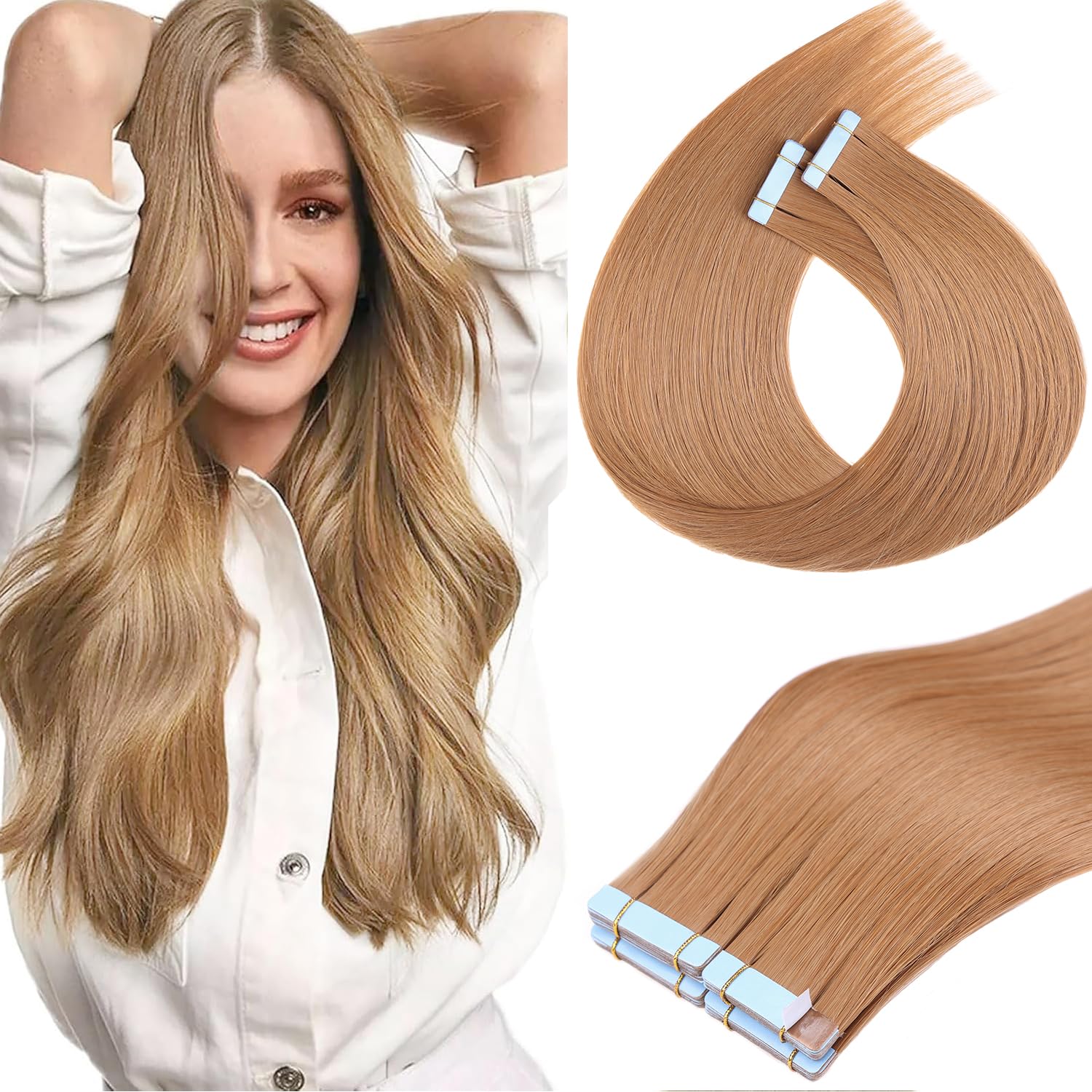Mscat Tape in Hair Extensions 22 Inch 20Pcs 50g/pack Light Brown Invisible Straight Hair Extensions Tape in(22Inch Light #27 Brown)