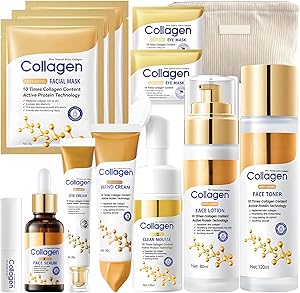 Skin Care Set, 13 Pieces Collagen Skincare Kit with Serum Collagene Face, Cleanser, Facial Toner, Collagen Mask, Eye Crea…