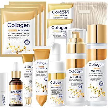 Women's Face Care Set 13-Piece Skin Care Set with Collagen Skincare Set Includes Facial Cleanser Face Toner Face Lotion Collagen Serum Eye Cream Collagen Mask Eye Pads Hand Cream Lip Balm