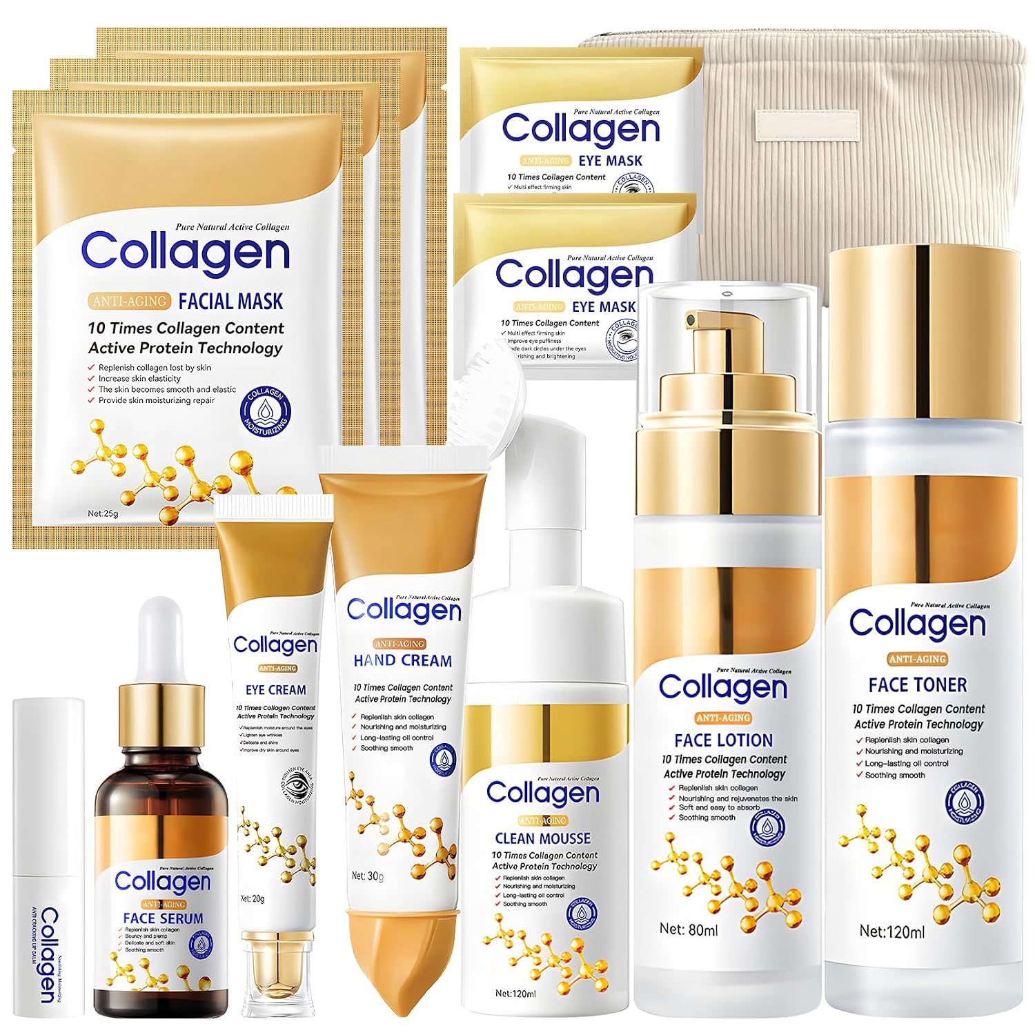 Women's Face Care Set 13-Piece Skin Care Set with Collagen Skincare Set Includes Facial Cleanser Face Toner Face Lotion Collagen Serum Eye Cream Collagen Mask Eye Pads Hand Cream Lip Balm