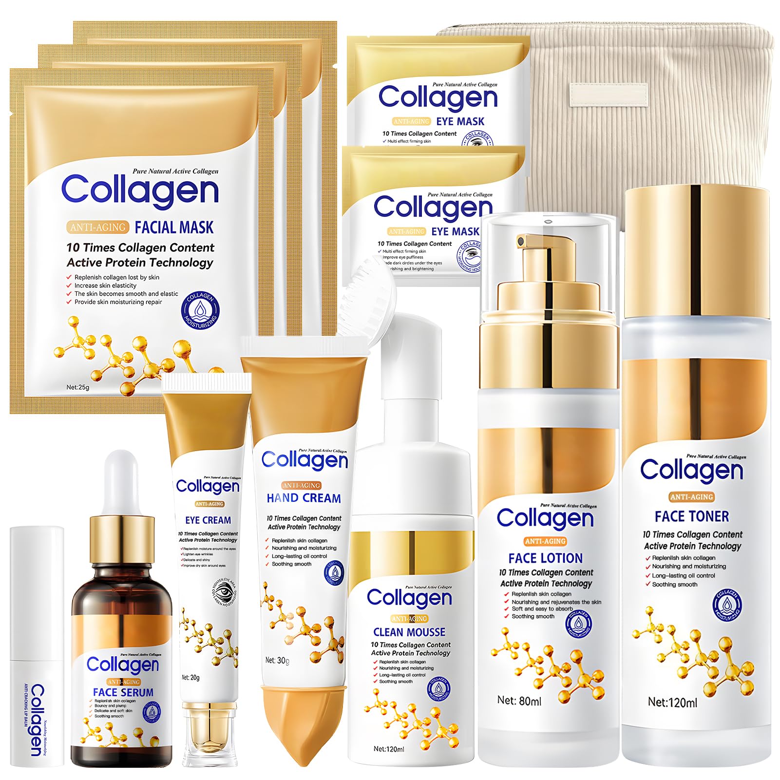 Kit Skincare Viso Completo, 13 Pezzi Set Skincare Collagene, Skincare Coreana Kit 9 in 1 Include Collagen Mask, Eye Cream, Toner Viso, Face Cleanser, Siero Viso, Hand Cream, Idratante Labbra ecc