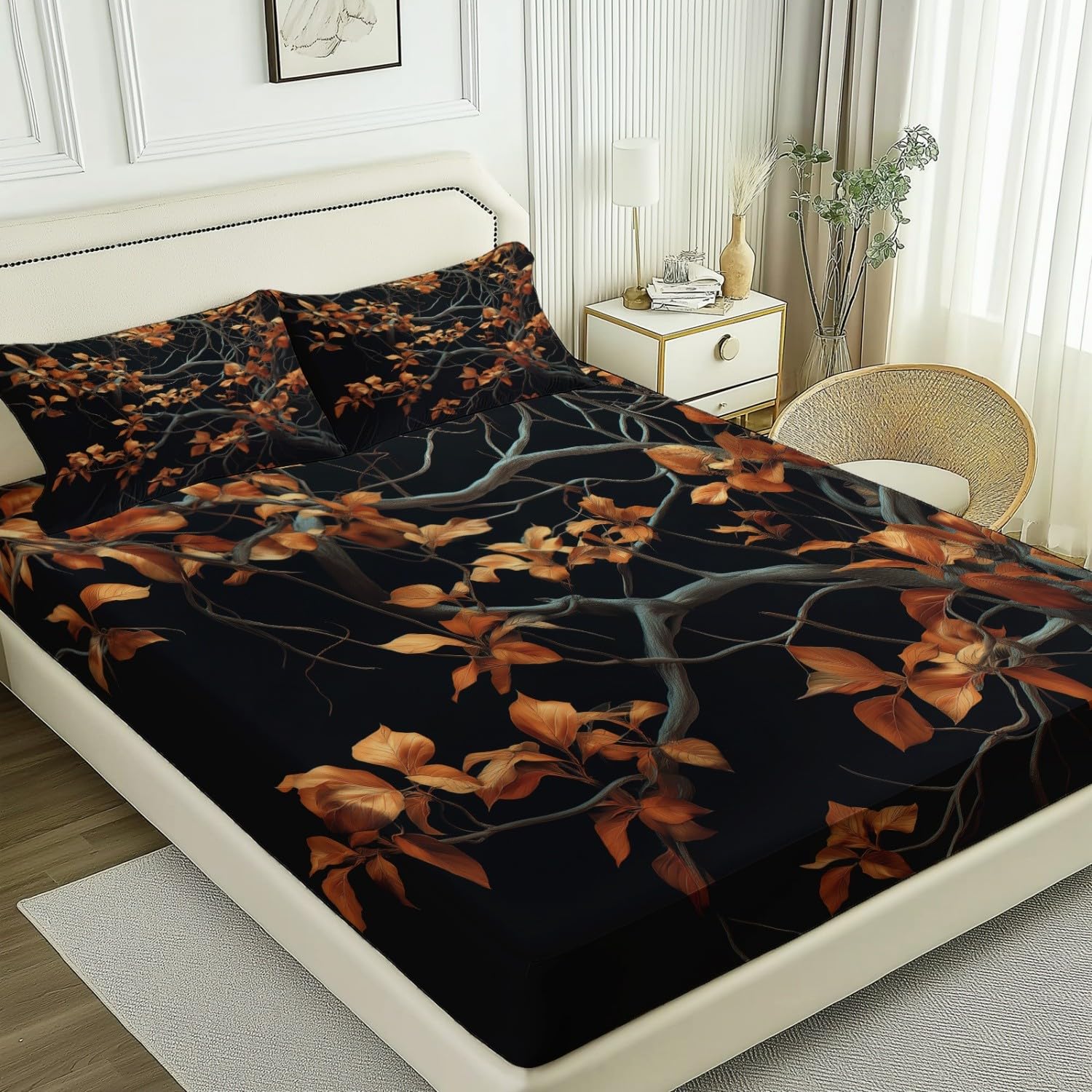 Drap Housse Set 140 x 190 cm, Respirant Résistant Drap-Housse Nature Branches Cinématographie Thème - Noir Drap de Lit Convient aux Matelas Jusqu'à 30 cm D'épaisseur