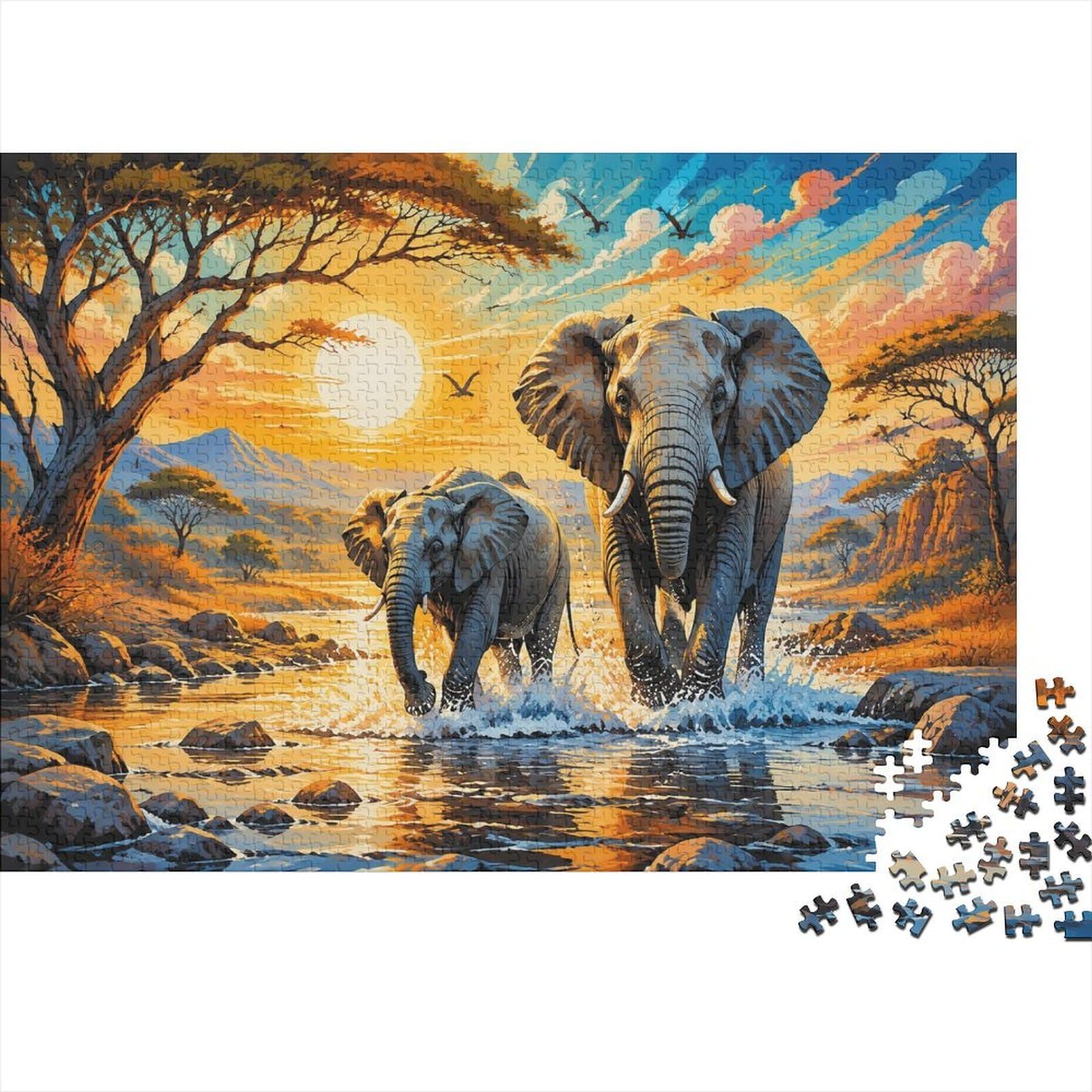 Elephant Sunset River Jigsaw Puzzle, 1000 Pcs For Adults