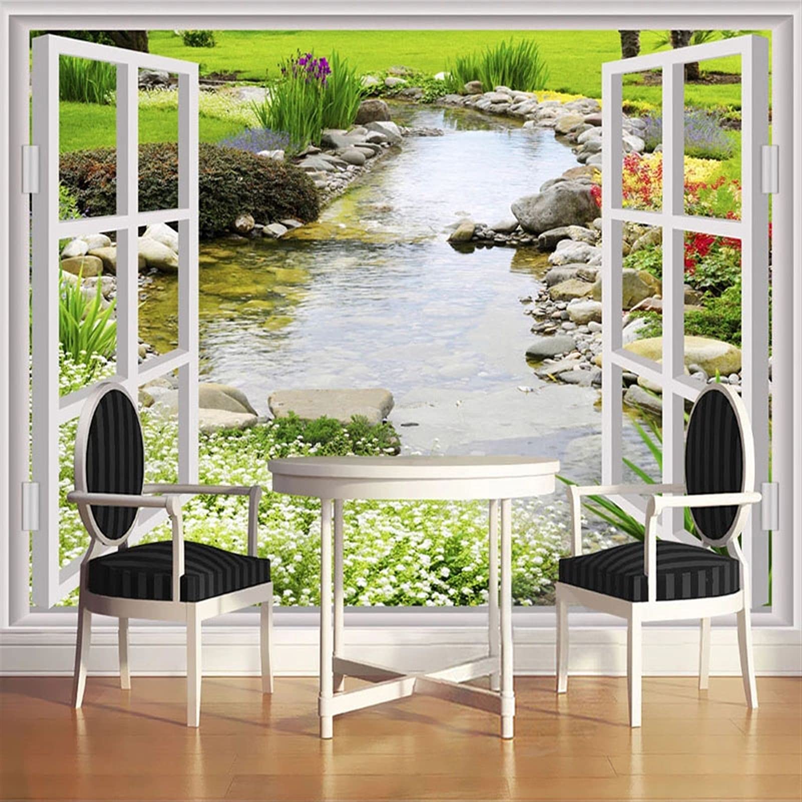 Pegatinas de Pared Impermeable Mural Papel pintado 3D Río Piedra Ventana Jardín Paisaje Paisaje Pintura de Pared Sala de estar Pegatina de cocina (no autoadhesivo /autoadhesivo) Adhesivos Pared
