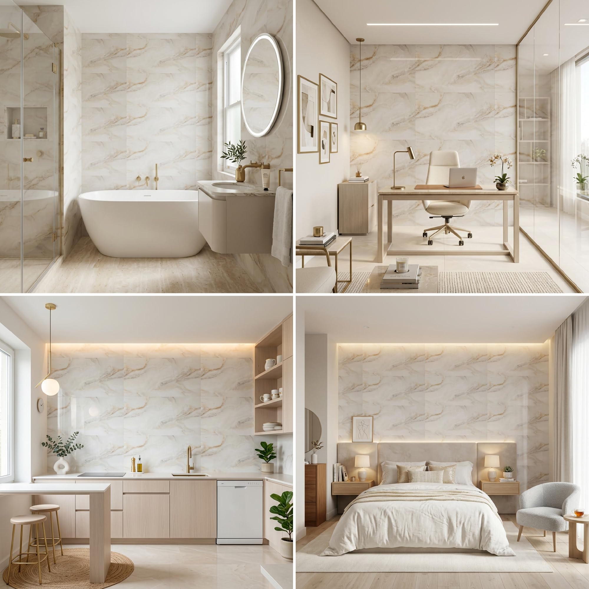 Grace Baltic Lot de 6 panneaux muraux autocollants, élastiques, 1,08 m², en PVC, aspect marbre, décoration murale, épaisseur 2 mm, blanc/marron