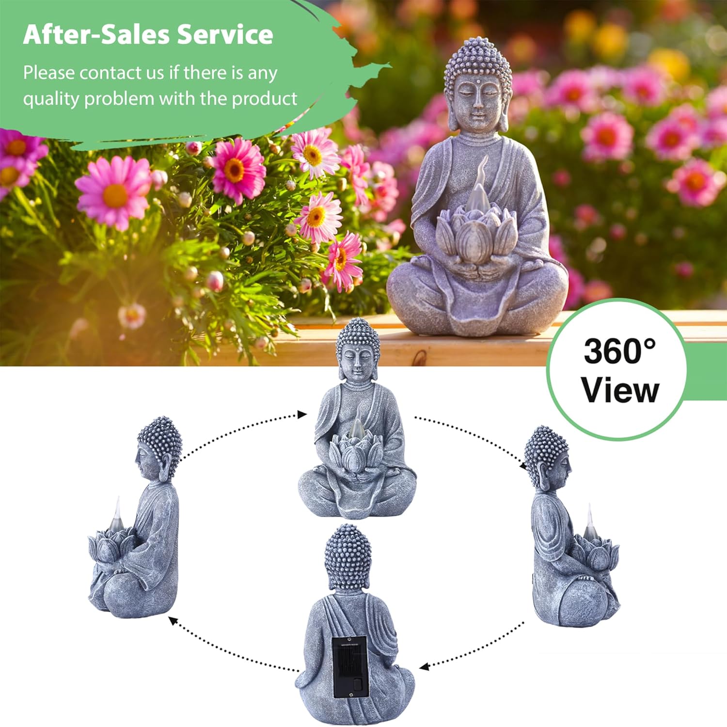 Goodeco Buddha Statue with Solar Lotus - Meditating Yoga Statues with Solar LED Lights, 8.1 Inches Sitting Buddha Serene Resin Figurine for Patio Yard Lawn Ornaments, Home & Outside (Grey Buddha) - Image 3