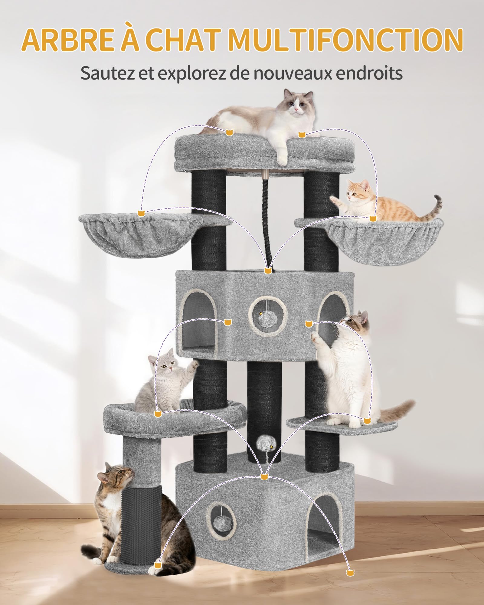 Hzuaneri Arbre à Chat, 163 cm, Poteaux en Sisal de 11 cm D'épaisseur | Niche, Plateforms, Balle en Peluche, Brosse pour Chat, Griffoir à Plusieurs Niveaux, Gris Clair Noir MS16318BG