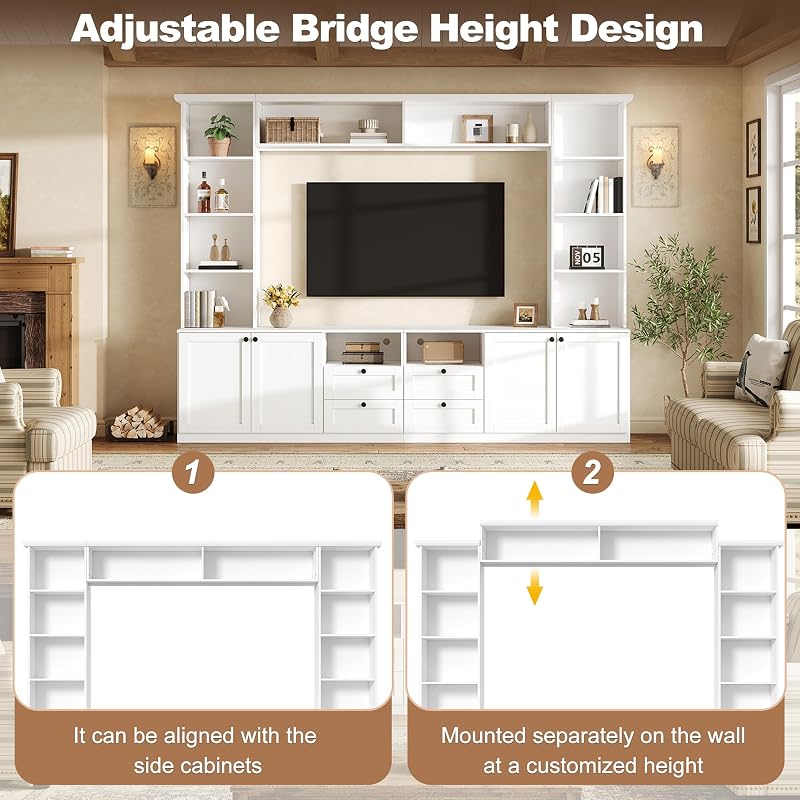102.3" Farmhouse Entertainment Center with Storage, Large Wall Unit TV Stand with Storage Cabinet & Bridge & 4 Drawers for TVs up to 70", Media Console with Adjustable Shelves for Living Room, White image 4