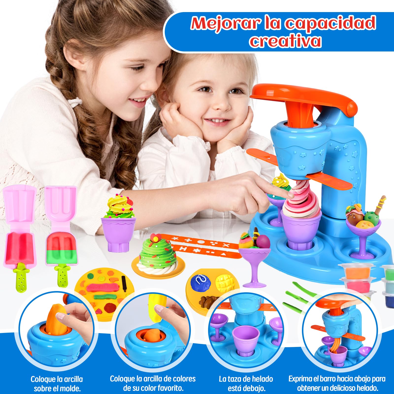 Herenear Juego de Plastilina, 46 Moldes Plastilina con 12 Cajas Arcilla, Herramientas Plastilina para Crear Hamburguesa Pasta y Helados, Kit Accesorios Plastilina Regalo para Niños
