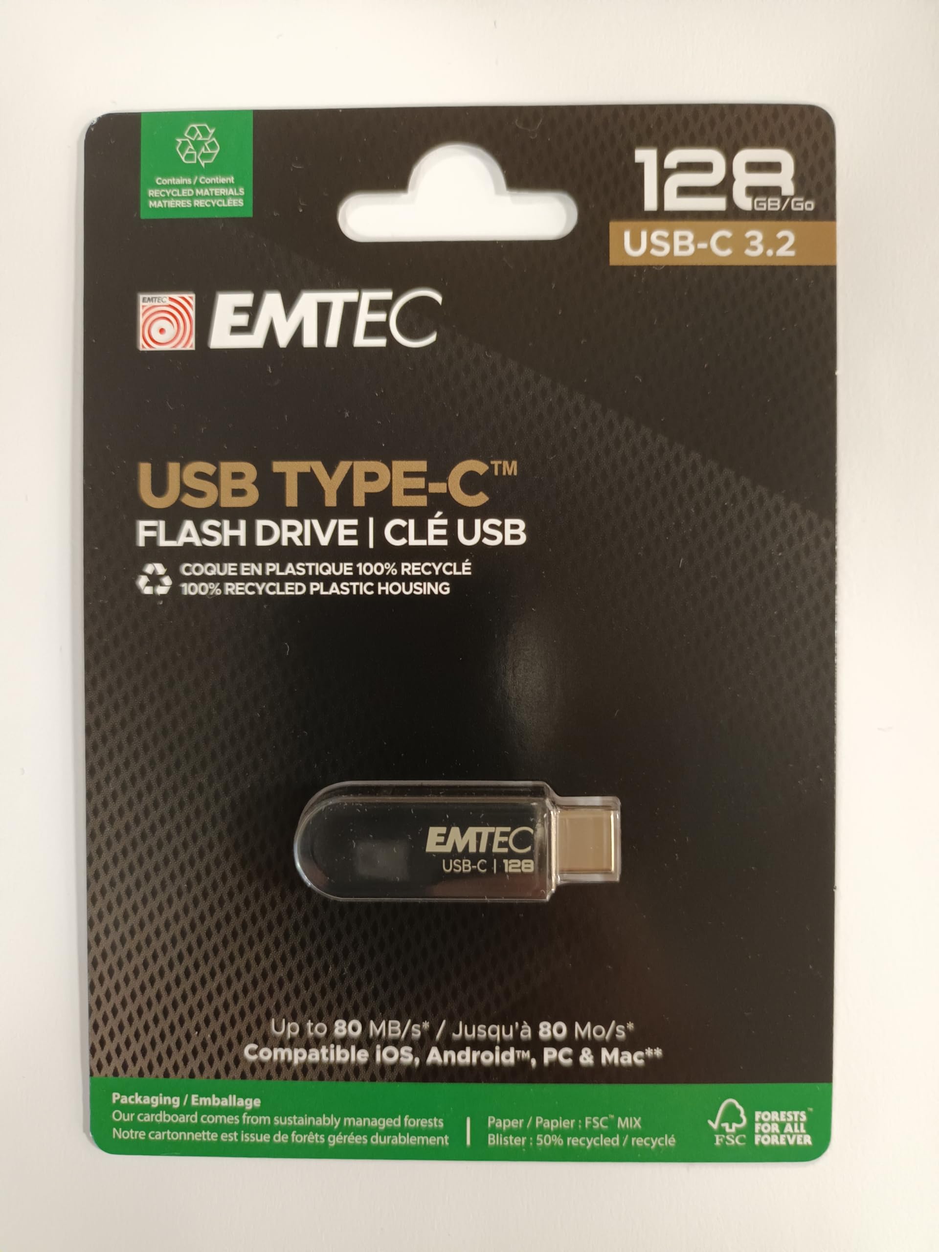 EMTEC - Chiavetta USB 3.2 USB-A Type-C Dual D280 ECMMD64GD283 - Flash Drive Compatibilità universale USB 3.2 - Lettura 80 MB/s, Scrittura 20 MB/s, Eco Design, 64 GB/GB