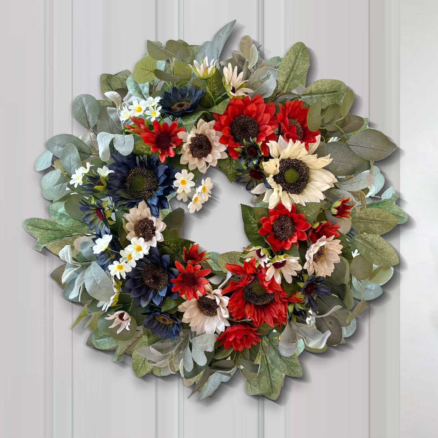 WANNA-CUL 250th Patriotic Wreath Decorations, 24 Inch Sunflower 4th of July Wreaths for Front Door, Red White Blue Spring Summer Door Wreath for Independence Day, Memorial Day for Indoor Outdoor Decor