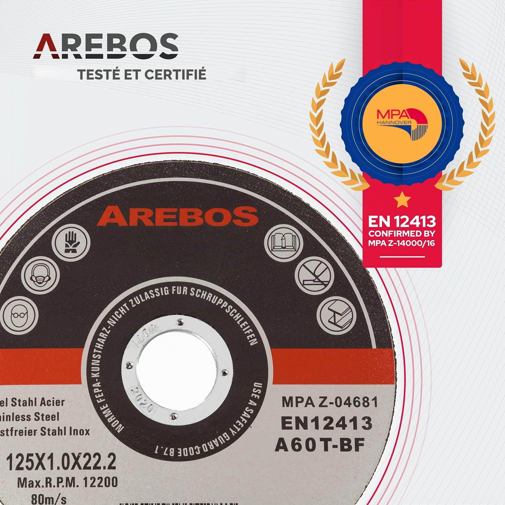 Arebos disques à tronçonner Ø 125 mm, 100 pièces | convient pour l'acier, l'acier inoxydable, l'inox, le fer, la tôle, le métal | aller et retour | EN 12413 | certifié par le Materialprüfungsamt (MPA)