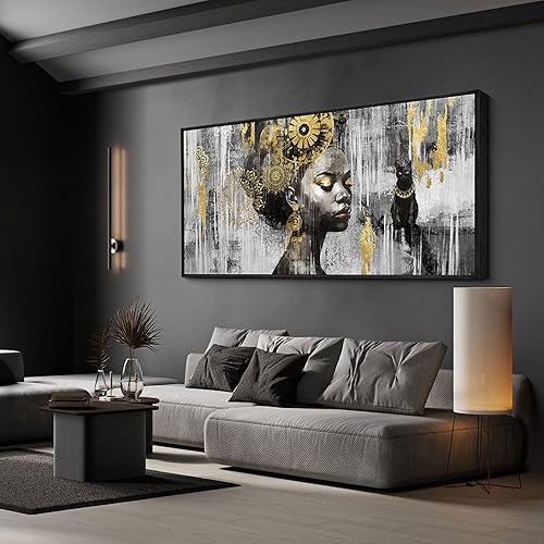 KLAKLA Arte de pared negro  Arte de pared de niña negra afroamericana, colorido negro africano negro y dorado, cuadro enmarcado para decoración de