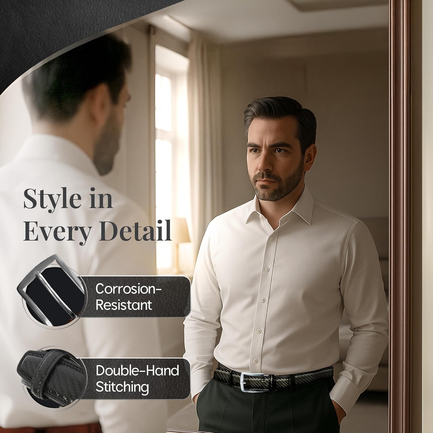 Genuine Leather Dress Belts For Men - Mens Belt For Suits, Jeans, Uniform With Single Prong Buckle - Designed in the USA - Image 3