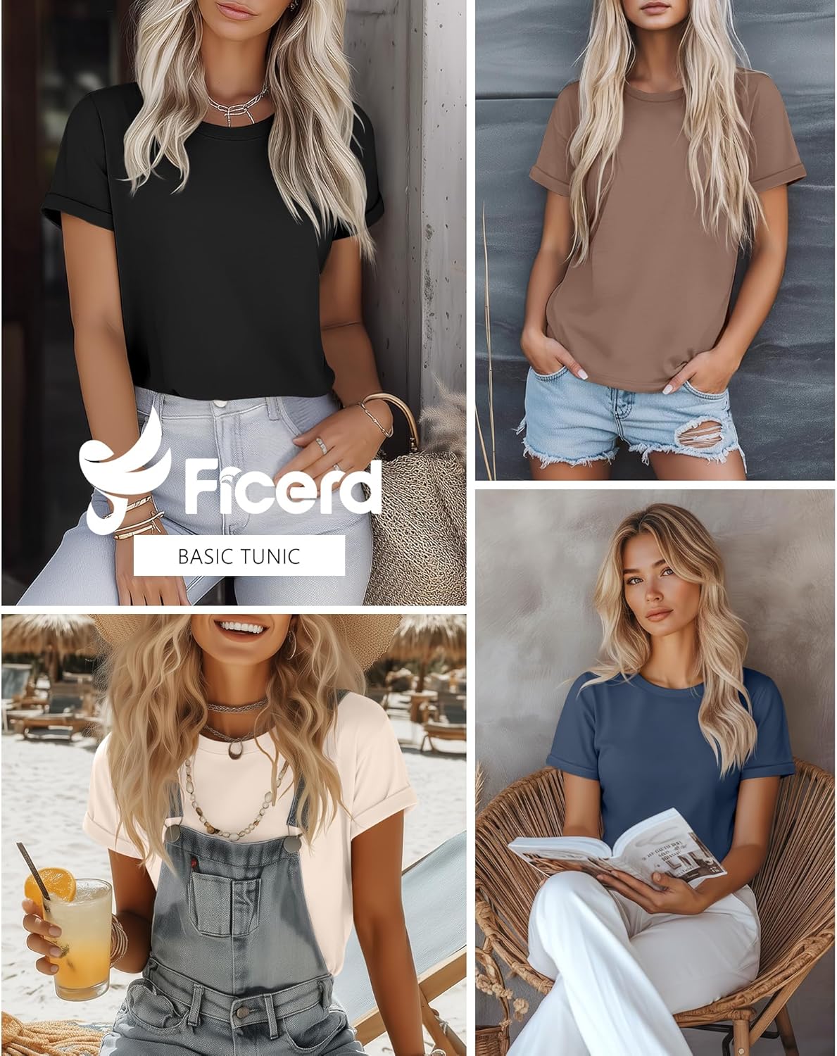 Ficerd 4 Pack Women's Cotton T Shirts Casual Short Sleeve Tunic Tops Crewneck Plain Summer Loose Fit Rolled Sleeve Basic Tee - Image 2