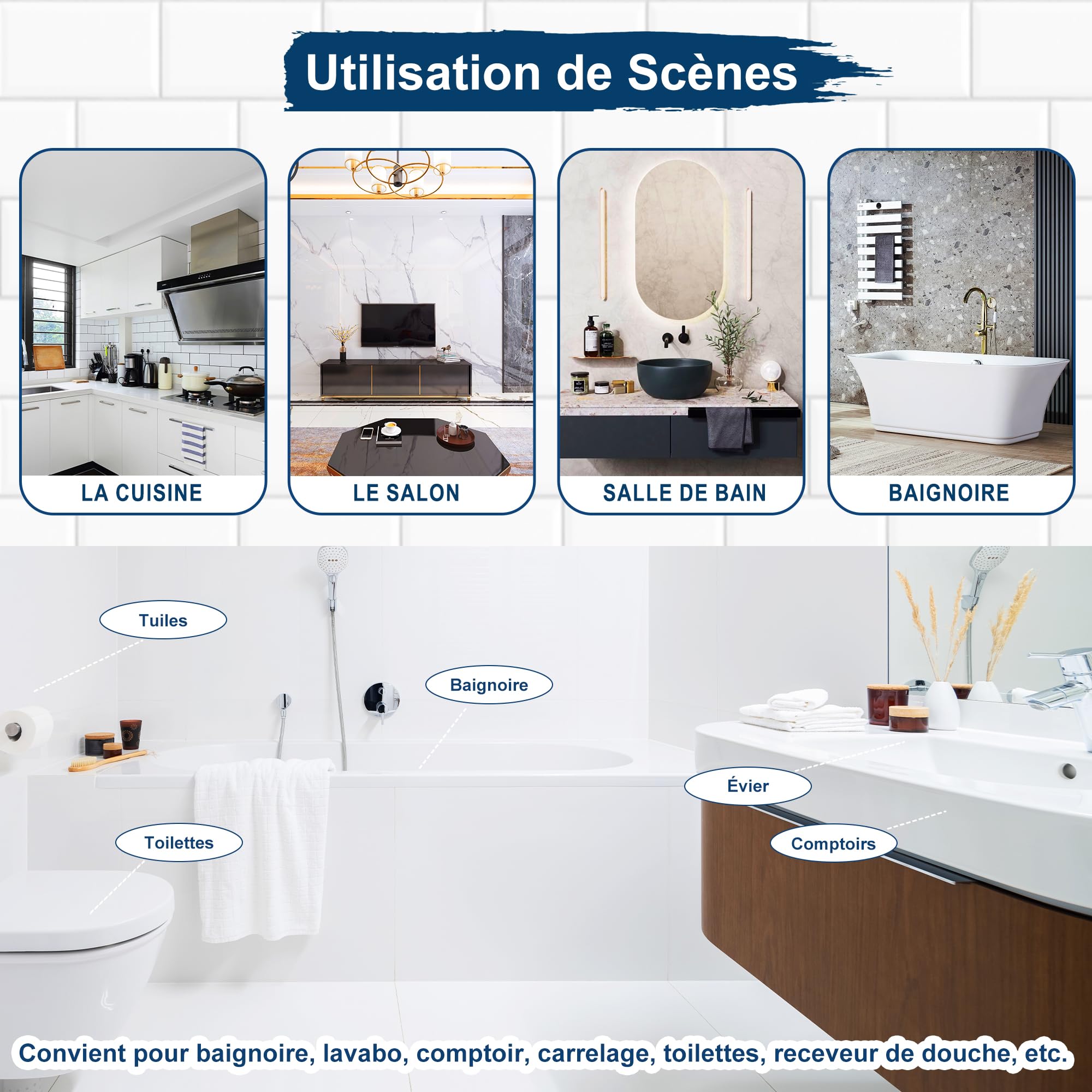 XUDOAI Peinture Baignoire Lavabo 610g, Peinture Baignoire Blanc Brillant Avec Outils, Convient pour Salle de Bain/Cuisine/Douche/Porcelaine/Evier/Céramique Rénovation des Couleurs