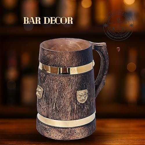 Miniatura 5 de collectiblesBuy Taza de cerveza de madera hecha a mano con placa de león de latón, jarra rústica estilo medieval Stein para cerveza, café, té,